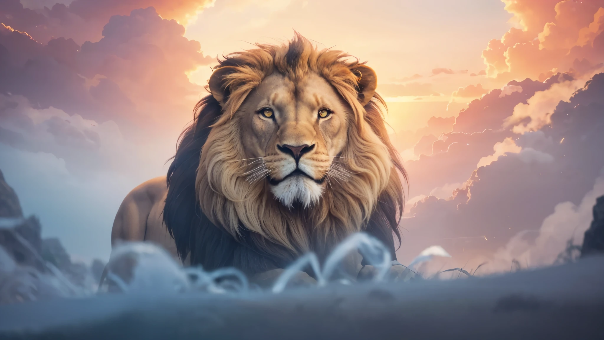 Lion, Divine Lion, Lion King, Lion Majestic, natural, Natureza, Rendering, fotorrealista, UltraHigh definition, 4K, texturasdetalhadas, thunder, sombras detalhadas, cores detalhadas, por do sol, sol se pondo, Sunset, Natureza Linda, Grande Divino, por do sol, contraste detalhado, Contraste realista, high resolution, cores detalhadas, fogo, eletricidade, divina criatura, 8k, realista detalhado, 16k, 8k, High definition, elegante,