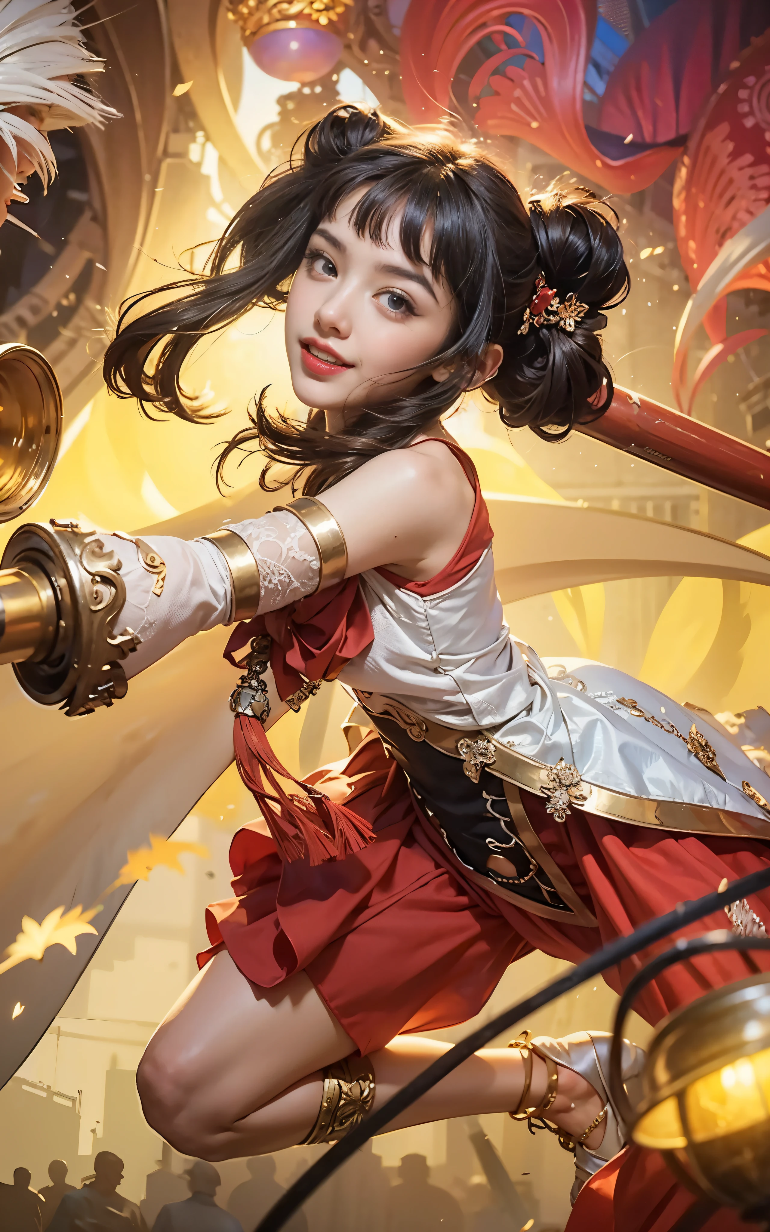 (a close up of a 1girl in a red and white dress holding a baseball bat, extremely detailed artgerm, red eyes, black hair), (best quality,4k,8k,highres,masterpiece:1.2), [vibrant colors], [detailed surroundings], [intense expression], [dynamic pose], [soft lighting], [fine lines], [striking contrast], [realistic shading], [highly textured], [captivating composition], [focus on the eyes], [subtle details], [rich colors], [impressive realism], [artistic flair], [bold strokes], [impeccable craftsmanship], [extraordinary attention to detail], [stunning visual impact], [artgerm-like style], [cinematic feel], [elaborate costume design], [hair flowing beautifully], [powerful stance], [emphasis on the bat], [interesting perspective], [dramatic atmosphere], [intricate patterns], [evocative expression], [meticulous rendering], [exquisite facial features], [luminous eyes], [dynamic hair], [captivating gaze], [emotive character], [expertly captured emotions], [attention-grabbing aesthetics], [visually stunning], (photorealistic:1.37), radiant smile