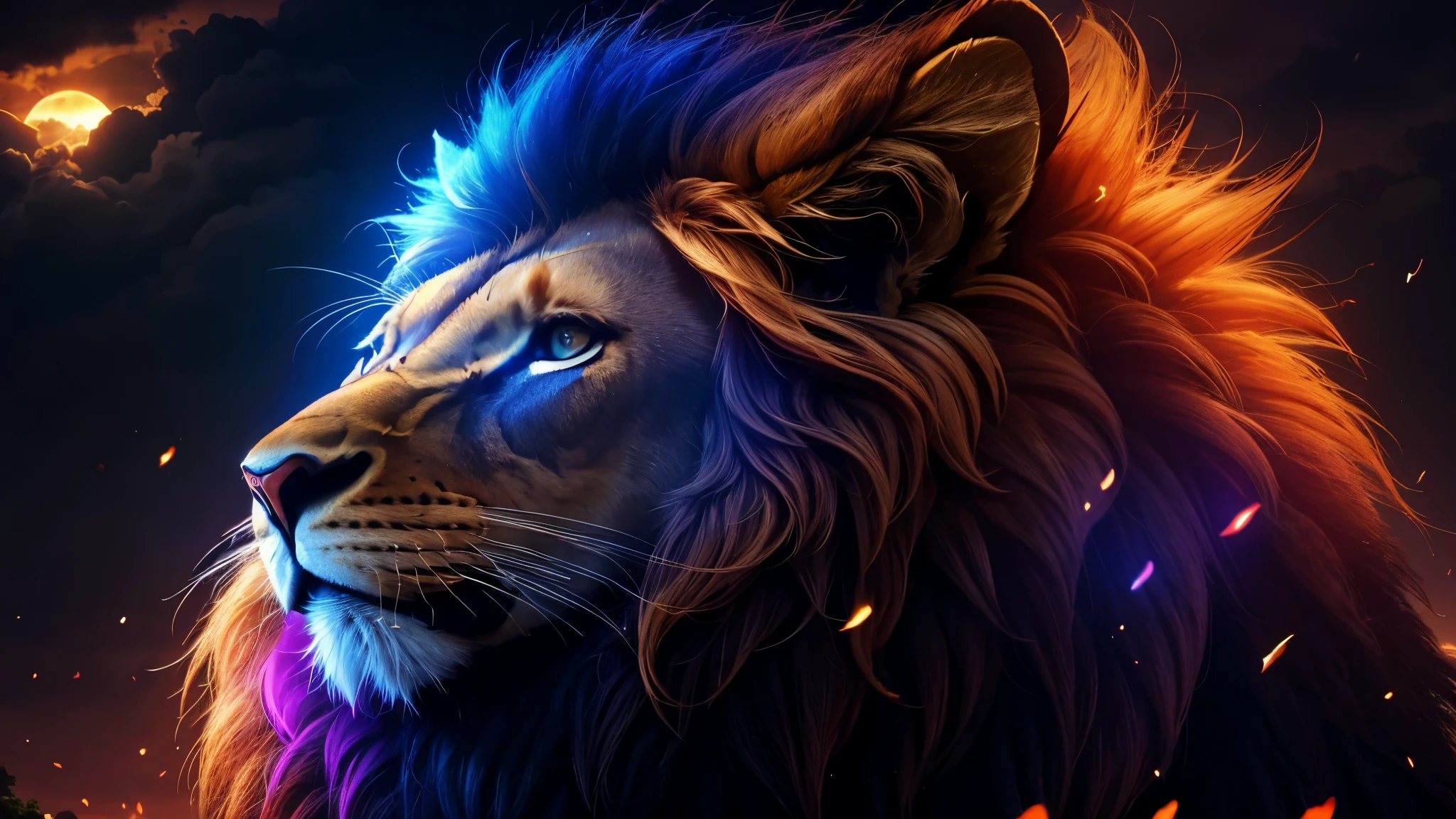 Lion, Divine Lion, Lion King, Lion Majestic, natural, Natureza, Rendering, fotorrealista, UltraHigh definition, 4K, texturasdetalhadas, thunder, sombras detalhadas, cores detalhadas, por do sol, sol se pondo, Sunset, Natureza Linda, Grande Divino, por do sol, contraste detalhado, Contraste realista, high resolution, cores detalhadas, fogo, eletricidade, divina criatura, 8k, realista detalhado, 16k, 8k, High definition, elegante,