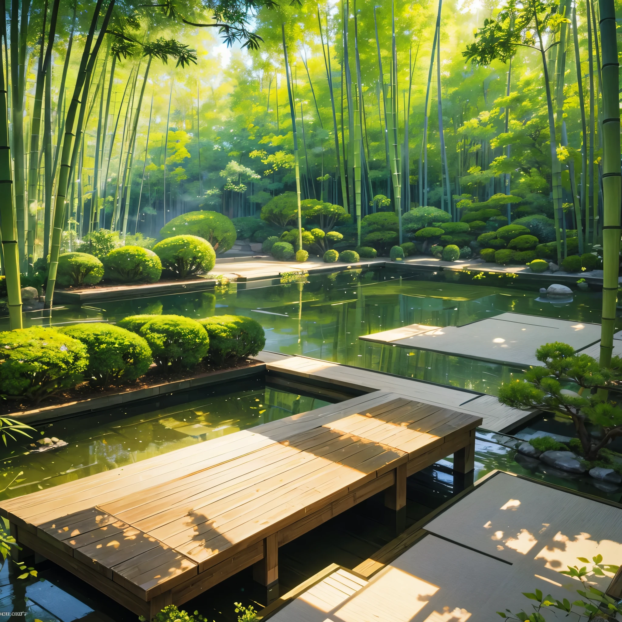 A Japanese bamboo garden, detailed and varied sand floor, with sunlight illuminating the place, a small lake nearby,a work of art, 4k, ultra definition.
