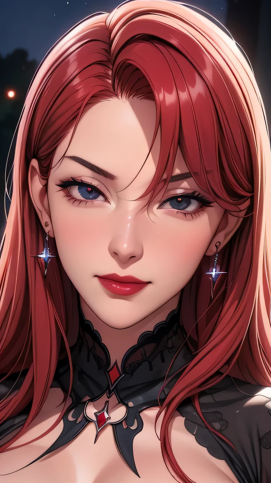 portrait shot, ((vivid red hair)), mature woman, 30 years old, diamond face, moonlight, red starry sky background, depth of field, magic, big red lips, ((dark black eyes)) (Detailed beautiful eyes) red long and full dress, covered chest, mystical atmosphere, ominous shadows, Intense blue aura, Intense red aura (best quality:1.2), absurdres, intricate details, (highly detailed skin:1.2), smile expression, posing, taut and well defined body, attractive. Highly realistic, pale skin, beautiful, hyperrealism, skin very elaborated, direct gaze AB JLEE3, Complex facial details for all characters, Expressive eyes and nose and mouth, unzoom, author：Jim Lee Right Section Centered, Key, Visual, Complex, Highly Detailed, Breathtaking, Precise Line Art, Vibrant Panorama Film
