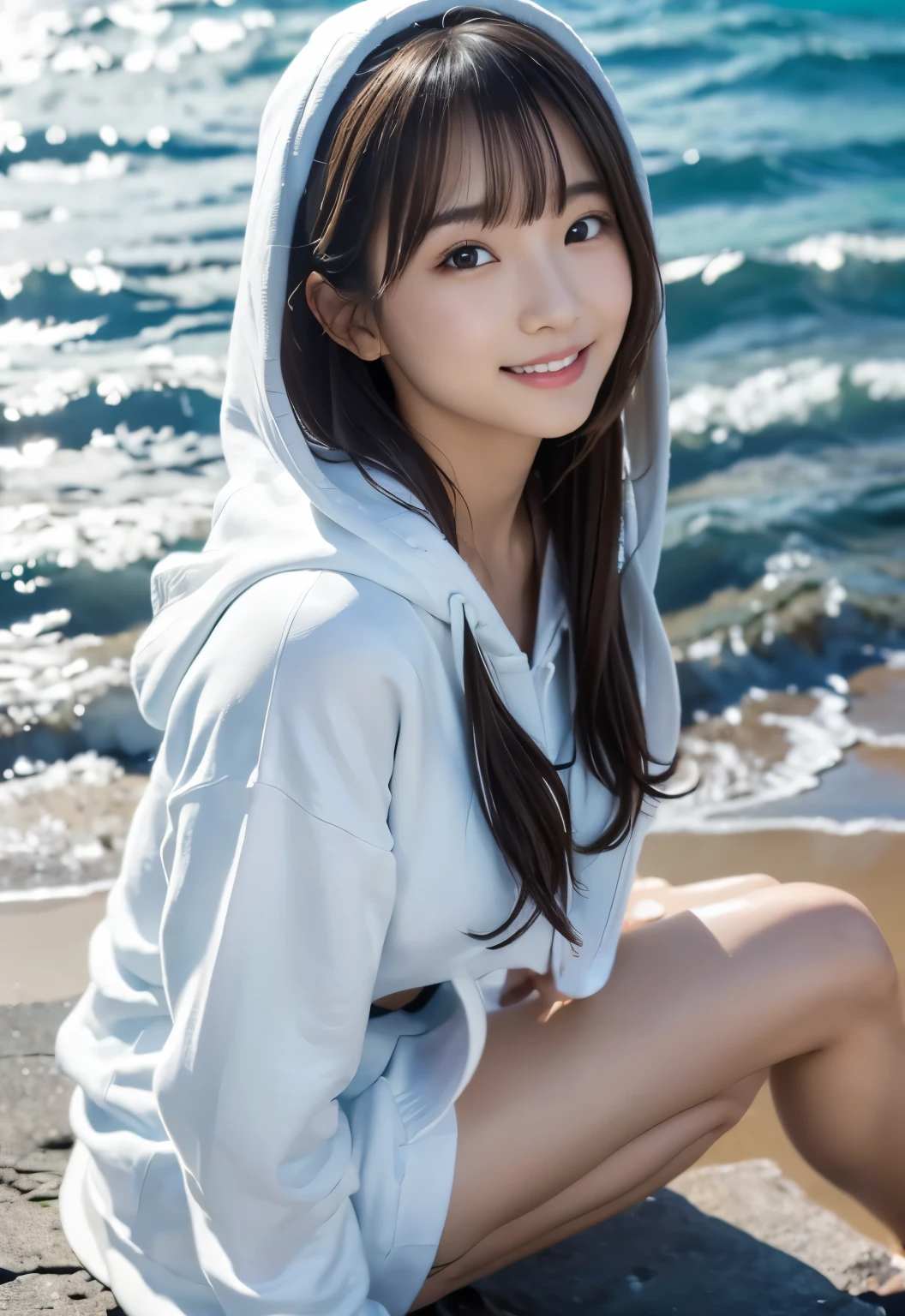 (((Ocean:1.3, outdoor, Photographed from the front))), ((long hair:1.3, white hoodie,japanese woman,Smile, cute)), (clean, natural makeup), (highest quality, masterpiece:1.3, 超High resolution), (Super detailed, caustics), (realistic:1.4, RAW shooting), very detailed, High resolution, 16K resolution