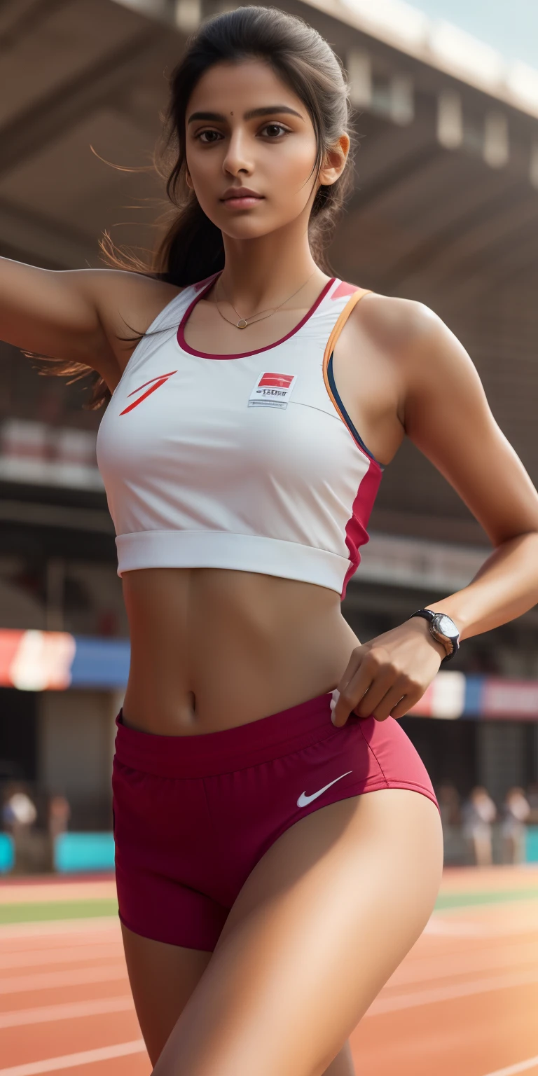 beautiful mature Indian college girl, in track outfit, outside on the track field, ((slim,  frame)), photorealistic, masterpiece, realistic, realism, photorealism, high contrast, photorealistic digital art trending on Artstation 8k HD high definition detailed realistic, detailed, skin texture, hyper detailed, realistic skin texture, armature, best quality, ultra high resolution, (photorealistic: 1.4), raw, sharp focus, high resolution, captured using a Nikon D850 film stock photograph, 4K, Kodak Portra 400 camera, f1.6 lens, rich colors, hyper realistic texture, lifel