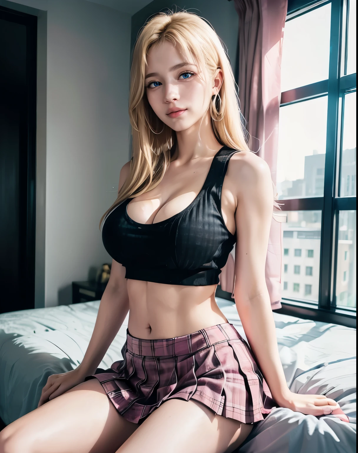 1girl, (Blue Eyes), (smiling :1.2), (Sana Minatozaki), wide hips, Big tits, big ass, (Best Quality, 8k, Masterpiece: 1.3), Clear Focus: 1.2, Perfect Body Beauty: 1.4, strong abs, Highly detailed face and skin texture, detailed eyes, double eyelids, (blond long hair :1.2), (hair behind the ear :1.2), (black cleavage tanktop :1.3), (pink and black plaid pleated mini skirt :1.3), sitting on the end of the bed, in a hotel room, windows in the background