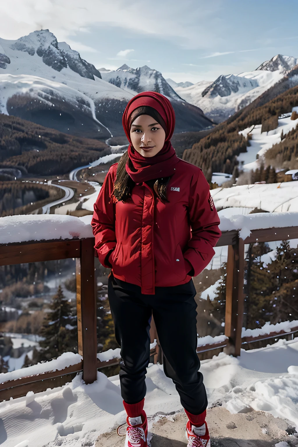 Girl wearing a hijab and red winter jacket, wearing a red scraf,  black pants, red sneakers, sparkling snow, alpend mountain 