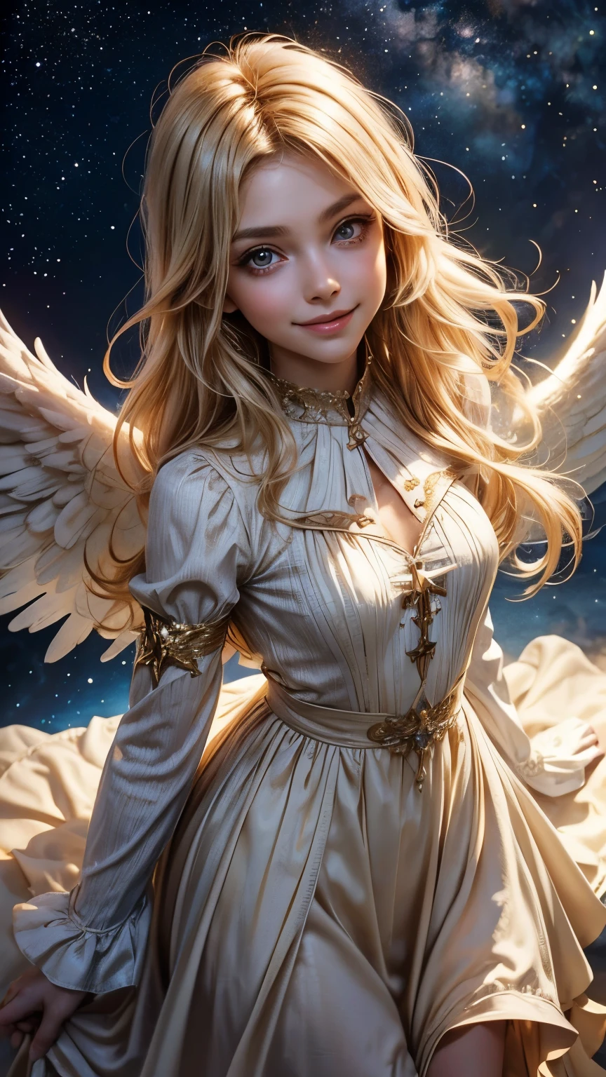 from the front, Look directly at the viewer,A baby angel about 8 years old, A kind smile, Big eyes, blonde,Beautiful gold engraved hair ornament、 A neat dress with sleeves that cover the chest, Angel wings on the back, Space background with many shining stars, Prayer-like pose, Realistic,High resolution8K