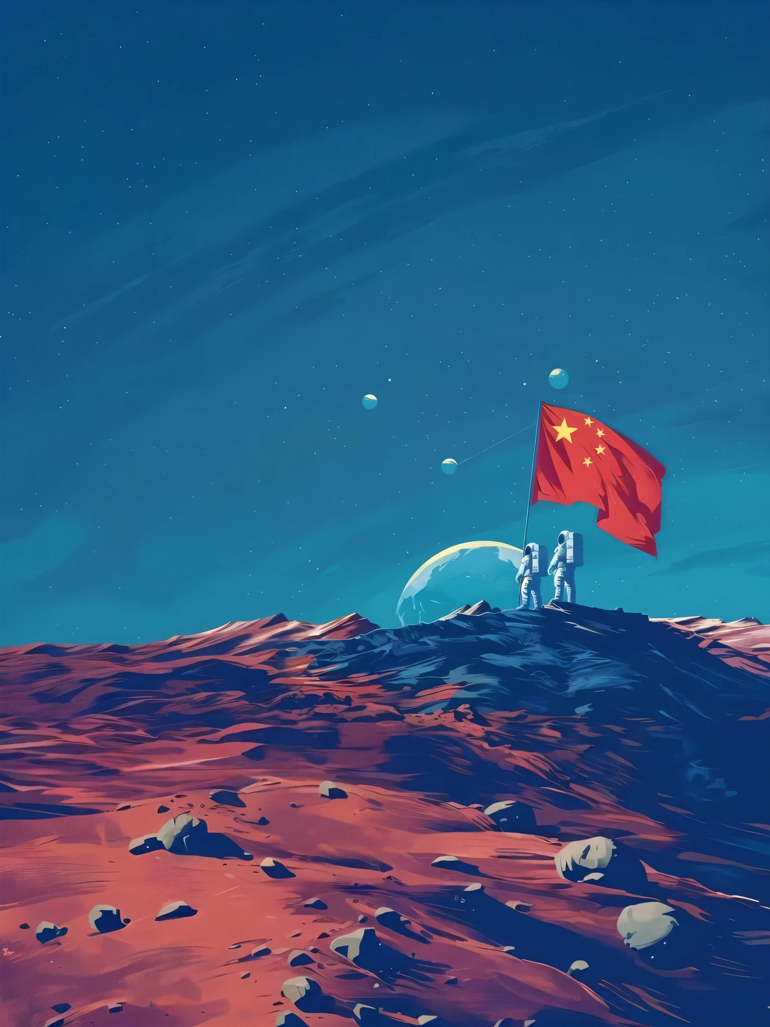 astronaut on the red planet，There is a flag and a planet in the background, Ismail Inseoglu and Ruan Jia, Bipper and Jean Giraud, just a joke, by Zou Zhe, by Cheng Jiasui, by Li Tiefu, inspired by Fenghua Zhong, by Zou Yigui, author：Li Song