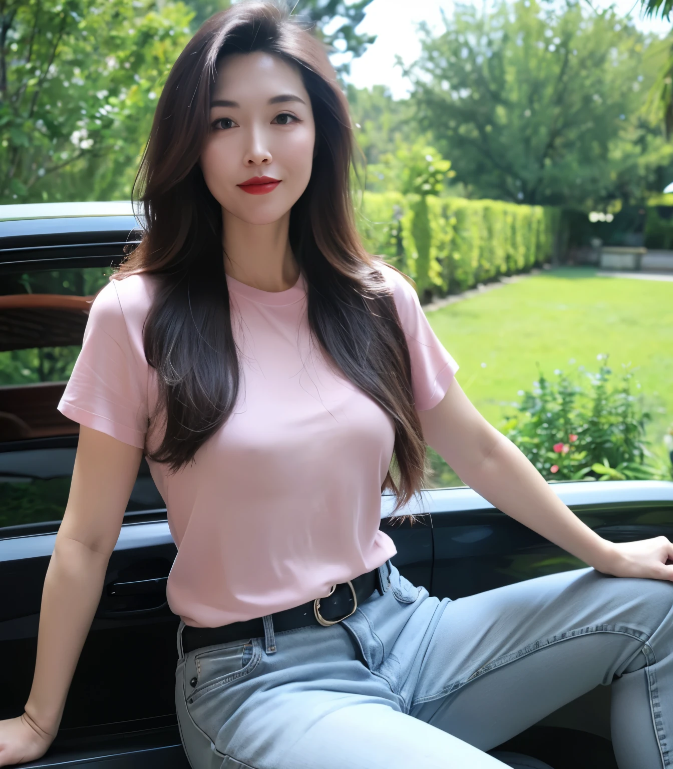 Draw lips correctly, red lipstick, from chest up, best quality, Super detailed, lifelike, Super fine skin, perfect anatomy, (1 日本Mature的女人), (alone),Wear a pink crew neck shirt,short sleeve,Gray jeans,trousers,black belt,wavy long hair,37-year-old female,Mature,charming smile,garden background,stand up,Leg length,Chubby body,Big breasts,stand,full-body shot
