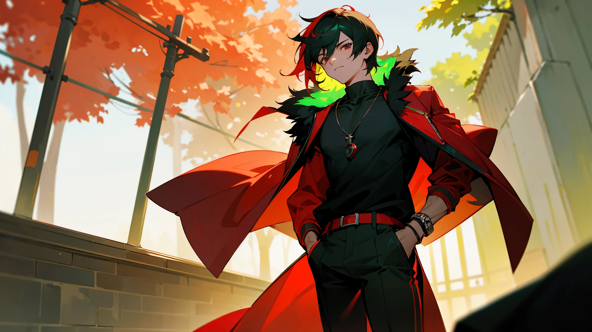 short hair, black shirt, young male, red eyes, morning, Two tone hair, light green color, multicolored hair, street level background, black jordans, red nike pants, standing still, arms in pockets, muscular, red necklace, looking at camera, sunlight, close up, red coat with fur
