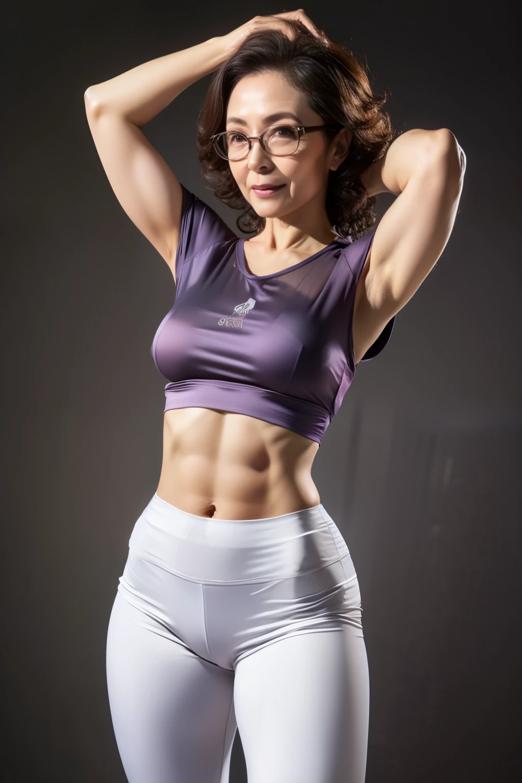 spectacled curly long grey hair older mature lady in unbuttoned silk fit stretched skimpy midriff-shirt, low-rise super tight see through silk leggings, (abs:1.4), (she is a world class BJJ expert with decades of grappling experience), very fit and athletic