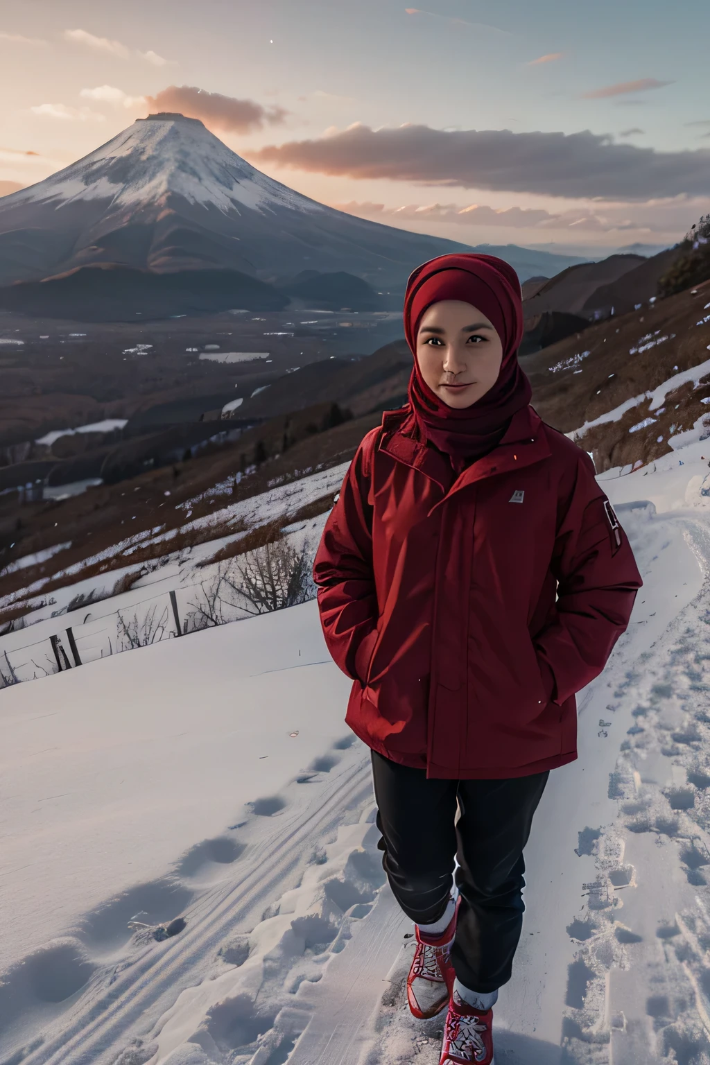 Girl wearing a hijab and red winter jacket, wearing a red scraf, black pants, red sneakers, sparkling snow, fujiyama mountain, sunset