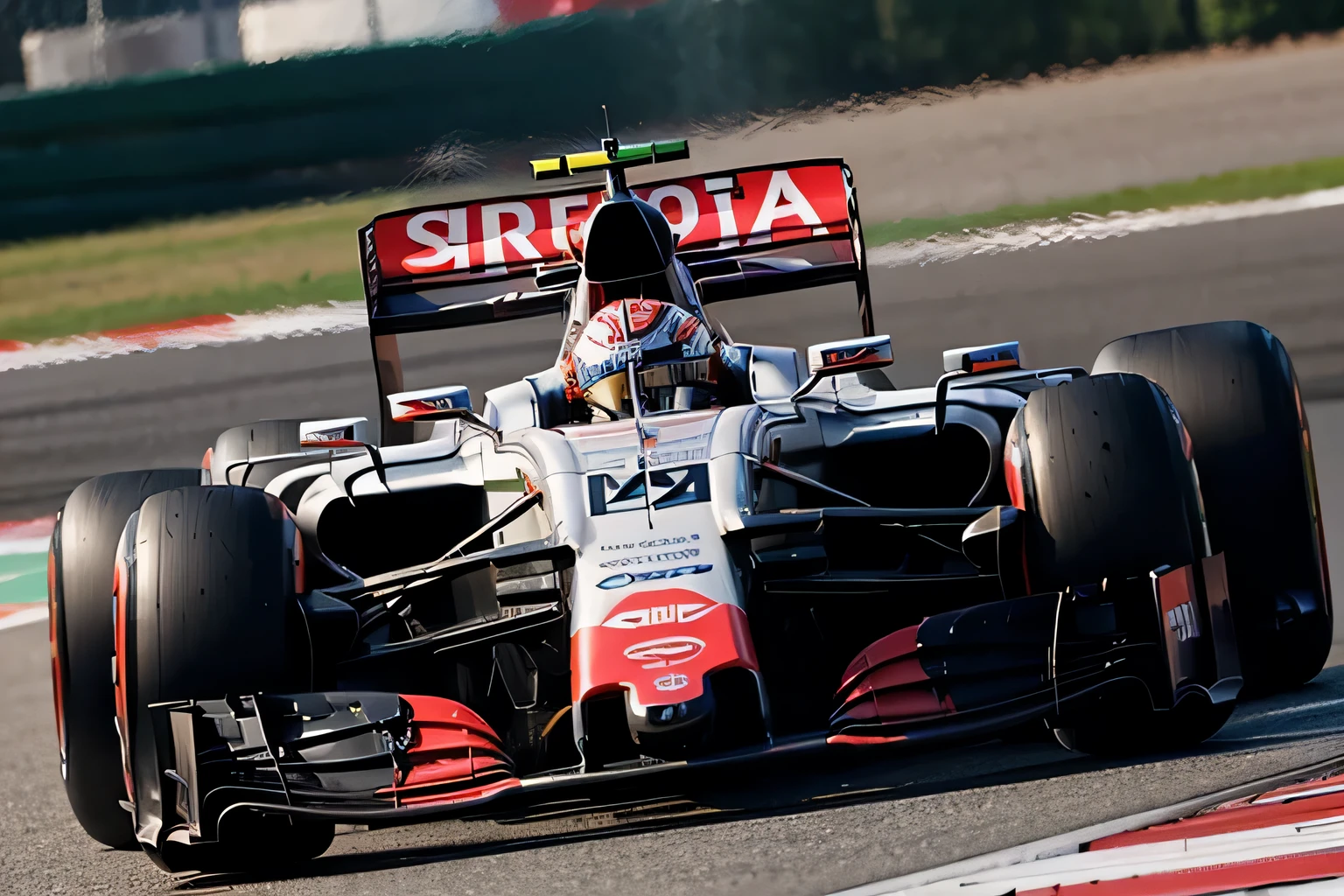 Formula Arafat racing car with red and white flags on the track, f 1/3, f 1/4, f 1, F11:6, F / 1, F11:10, Formula 1, formula one car, f1 racing car blurred in background, f 1 1, F11, f 2 0, Dynamic,Bright metallic color,best quality,masterpiece,(bright colors:1.2)