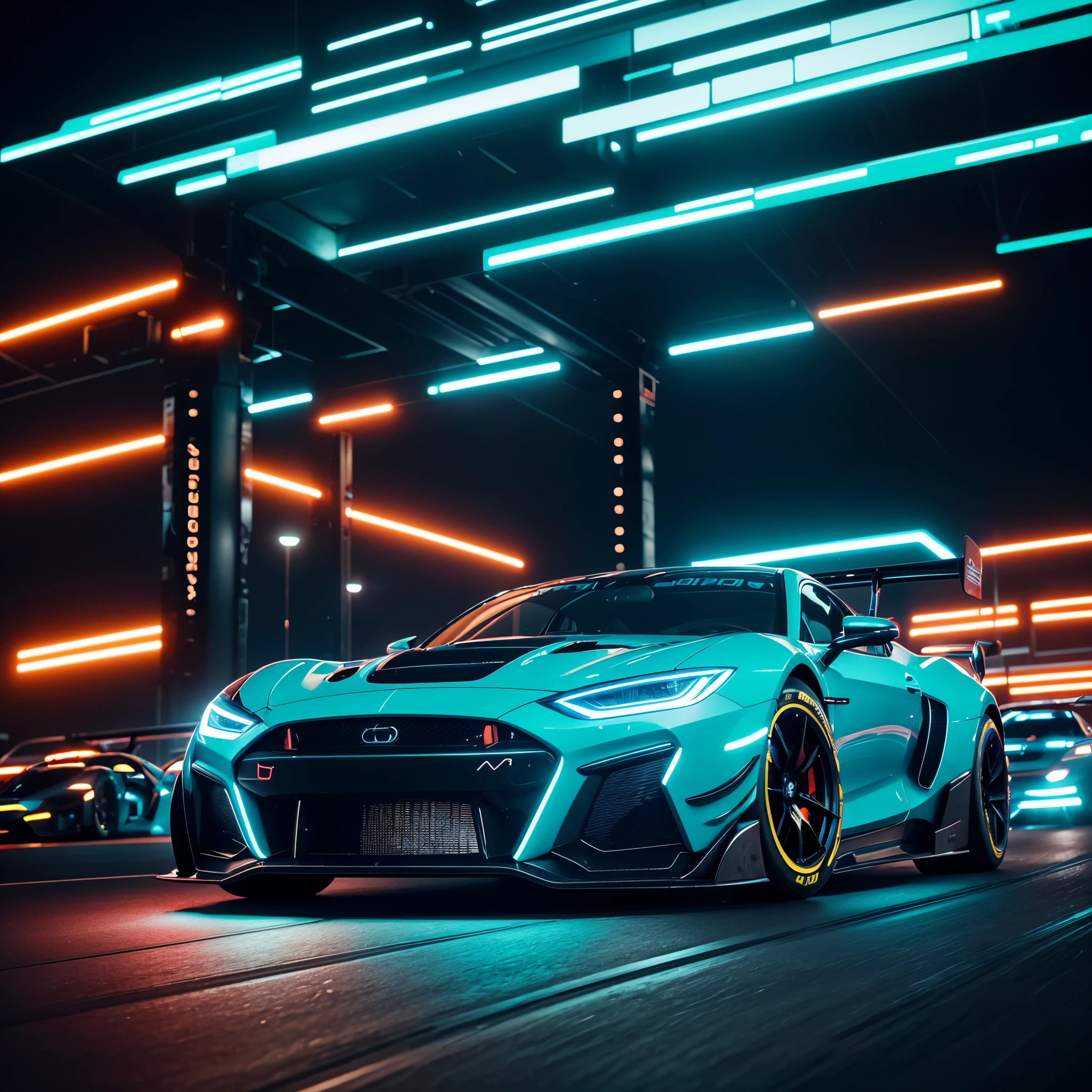 (best quality,4k,highres,masterpiece:1.2),ultra-detailed,realistic,tron-inspired,neon-lit sleek race cars speeding down, vibrant futuristic virtual track, intense light trails, glowing blue circuits, reflective surfaces, high-speed adrenaline rush, sleek and aerodynamic vehicles, dynamic camera angles, immersive cyberpunk atmosphere, dark background with digital cityscape, sharp focus on the fast-moving cars, sci-fi racing experience, thrilling competition, pulsating energy, futuristic technology, neon colors, electric atmosphere, stunning visual effects.