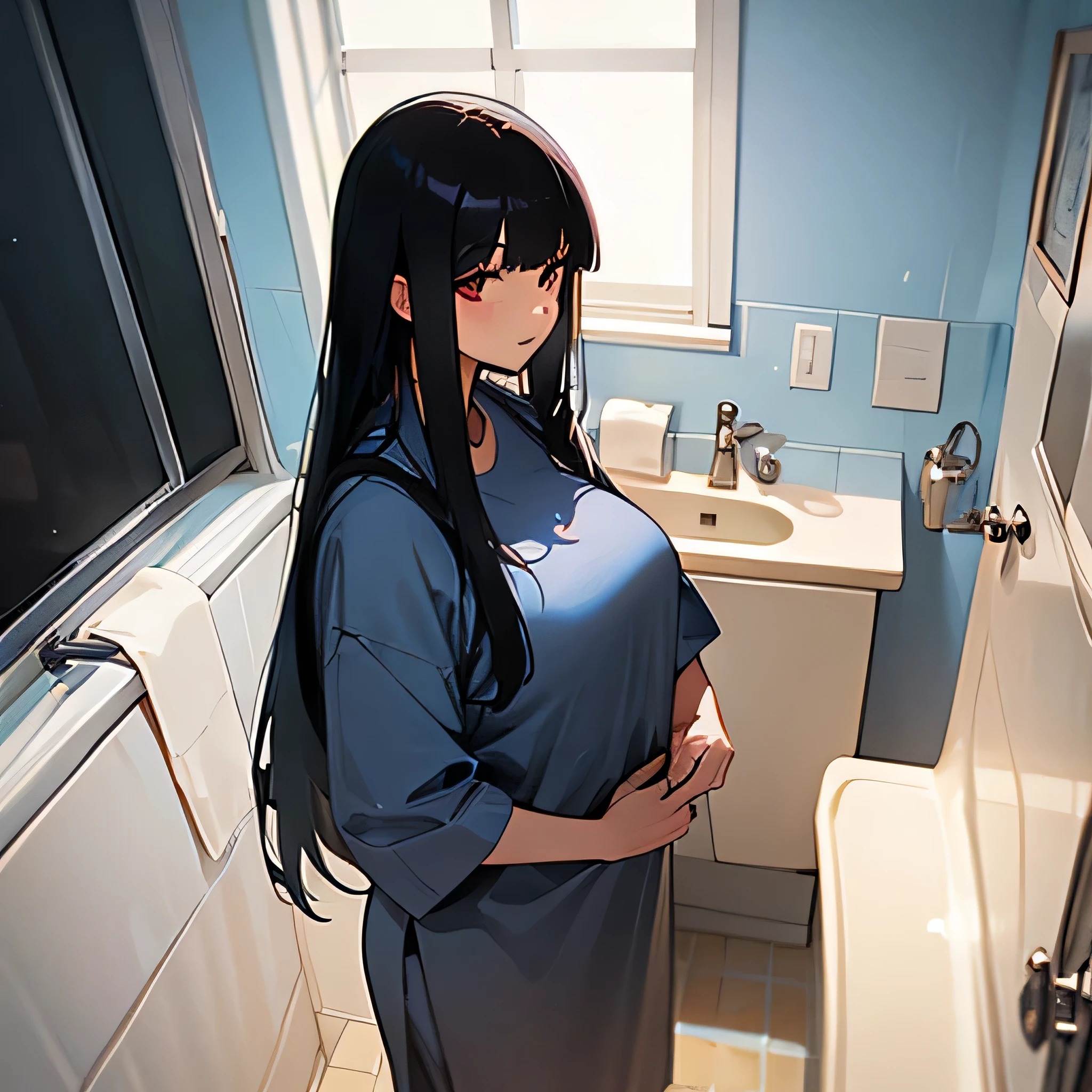Woman, black hair, straight hair, huge , bathroom, remove hair bangs