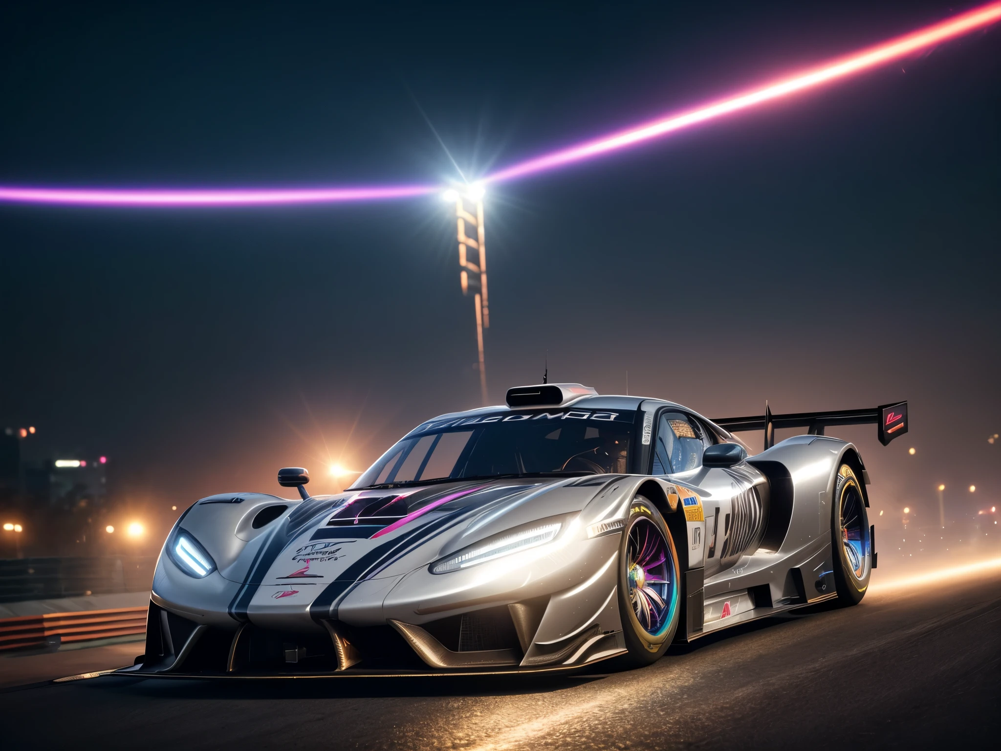 (best quality, 4k, highres, masterpiece:1.2), ultra-detailed, realistic, HDR, studio lighting, Professional, vivid colors, Physically-based rendering, extreme detail description, Bokeh, (Racing car, cyber Car), front view, cyberpunk, retro, zeekars, (with glowing rims), wide tires, parking lot, night city, cyberpunk theme, cyberpunk city , Depth of field, intricate details, volumetric lighting , (dynamic composition), highly detailed, colorful details, (iridescent colors), (glowing lighting, atmospheric lighting), dreamy, magical, (solo), lens flare, (colorful), Cinematic light, high-res, sharp focus, smooth, colorful light, particles, (black and silver colors schemes),