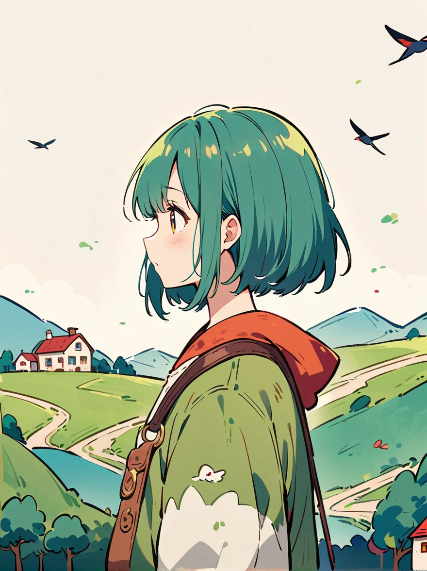 (The girl's head is decorated with whimsical illustrations of houses, swallows), trees and hills in green tones, evoking the charm of a charming rural landscape. The background blends in with her hair, exuding an air of tranquility and creating a harmonious composition that captures the beauty of nature. The illustration symbolizes the harmony between humans and the environment, focusing on the face. ((White background))
