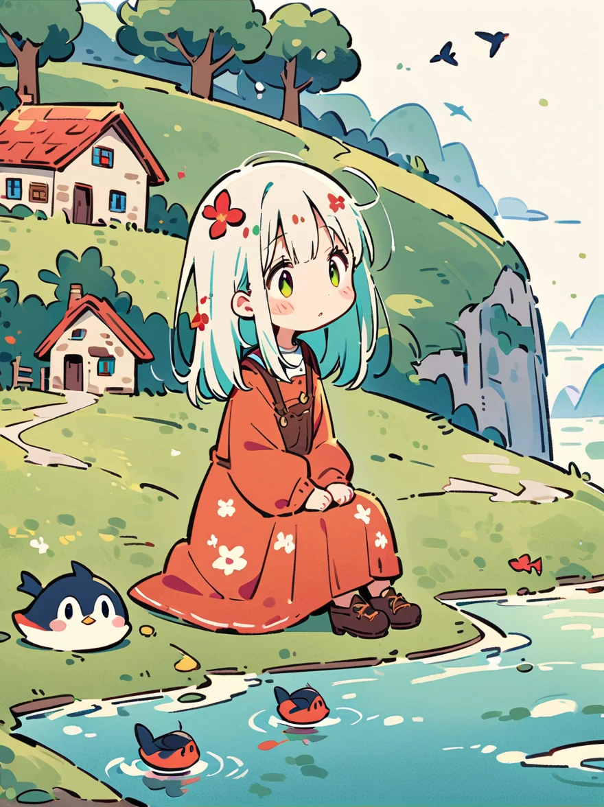 (The girl's head is decorated with whimsical illustrations of houses, swallows), trees and hills in green tones, evoking the charm of a charming rural landscape. The background blends in with her hair, exuding an air of tranquility and creating a harmonious composition that captures the beauty of nature. The illustration symbolizes the harmony between humans and the environment, focusing on the face. ((White background))