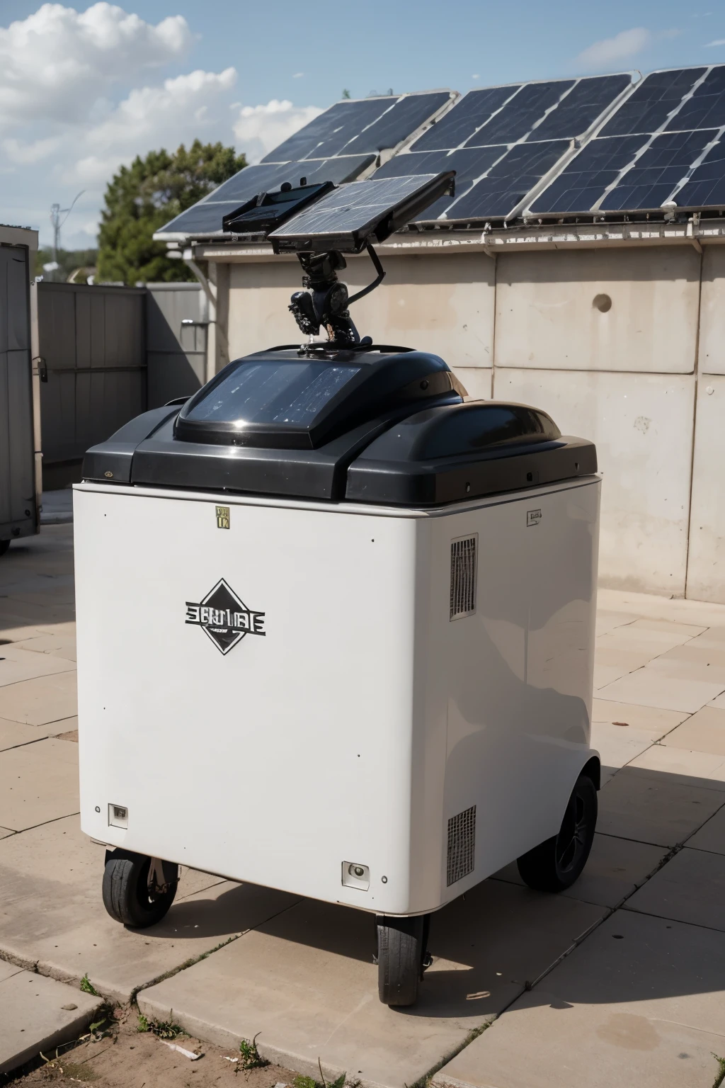 un robot recolector de basura que vuelve la basura en un cubo, Its characteristics are: se mueve por ruedas, manipula con garras, Power source is by solar panels and activated by sound sensors