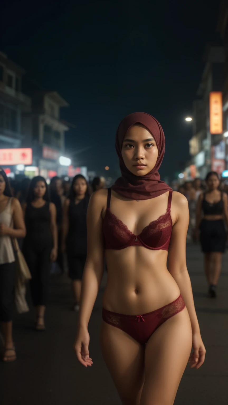 a javanese teenage girl in hijab and dark red lace bra and panties catwalk in front of crowded bustling jogjakarta streets, serious face, nighttime, 35mm lens, establishing shot, pastel color grading, depth of field cinematography effect, film noir genre, 8k resolution, high quality, ultra detail