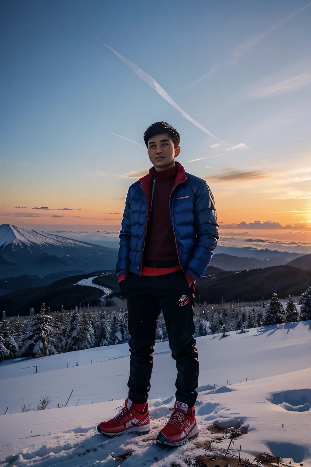 A young Indonesian man wearing blue and black winter jacket, wearing a red scraf, black pants, red sneakers, sparkling snow, fujiyama mountain, sunset