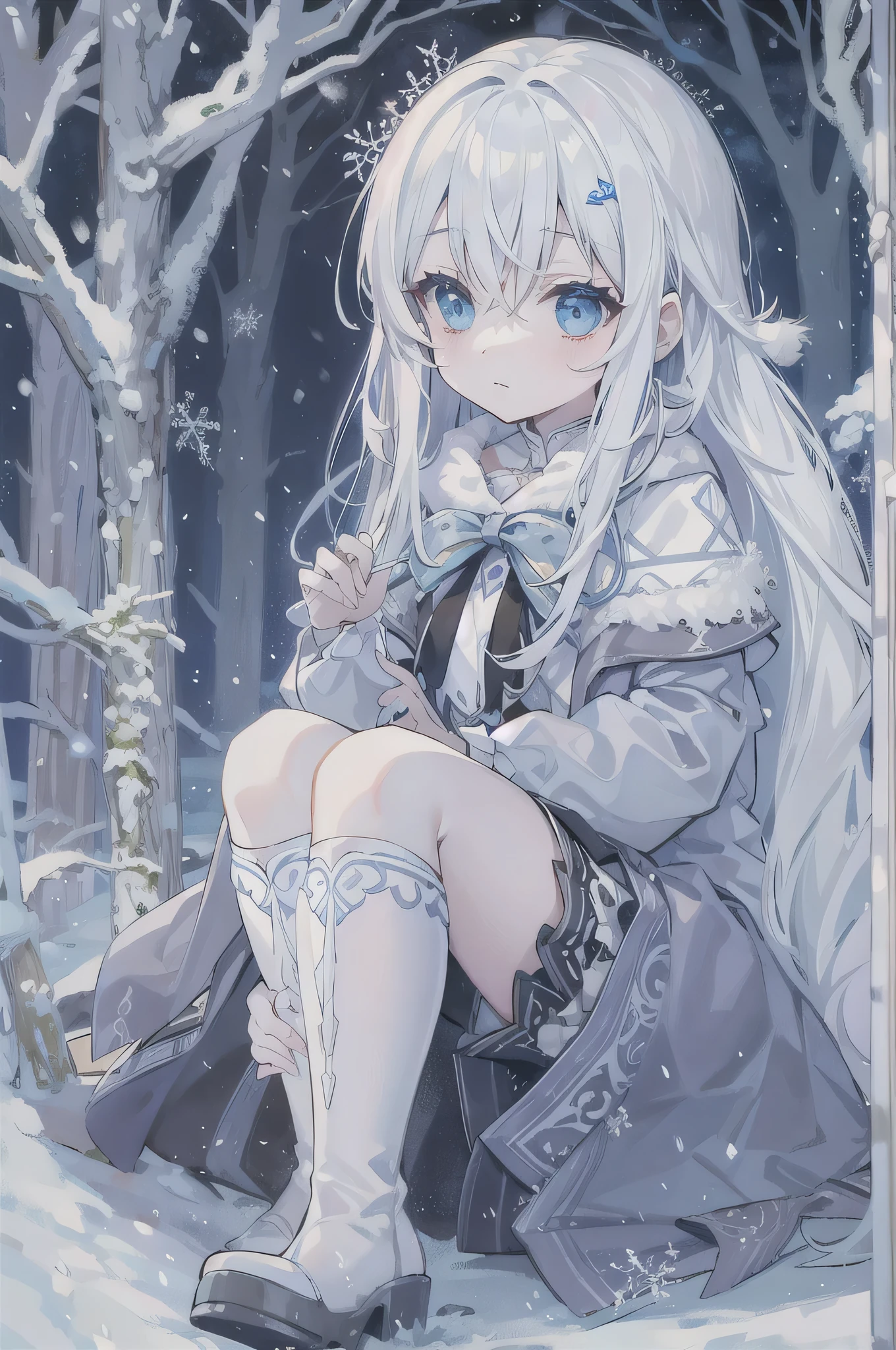 light blue eyes，princess cut，white hair，White over-the-knee boots，white goth lolita，White knee-length socks，Leucorrhea，Sweep bangs，half-closed eyes，Snow-covered forest，night，winter time，Waiting to begin