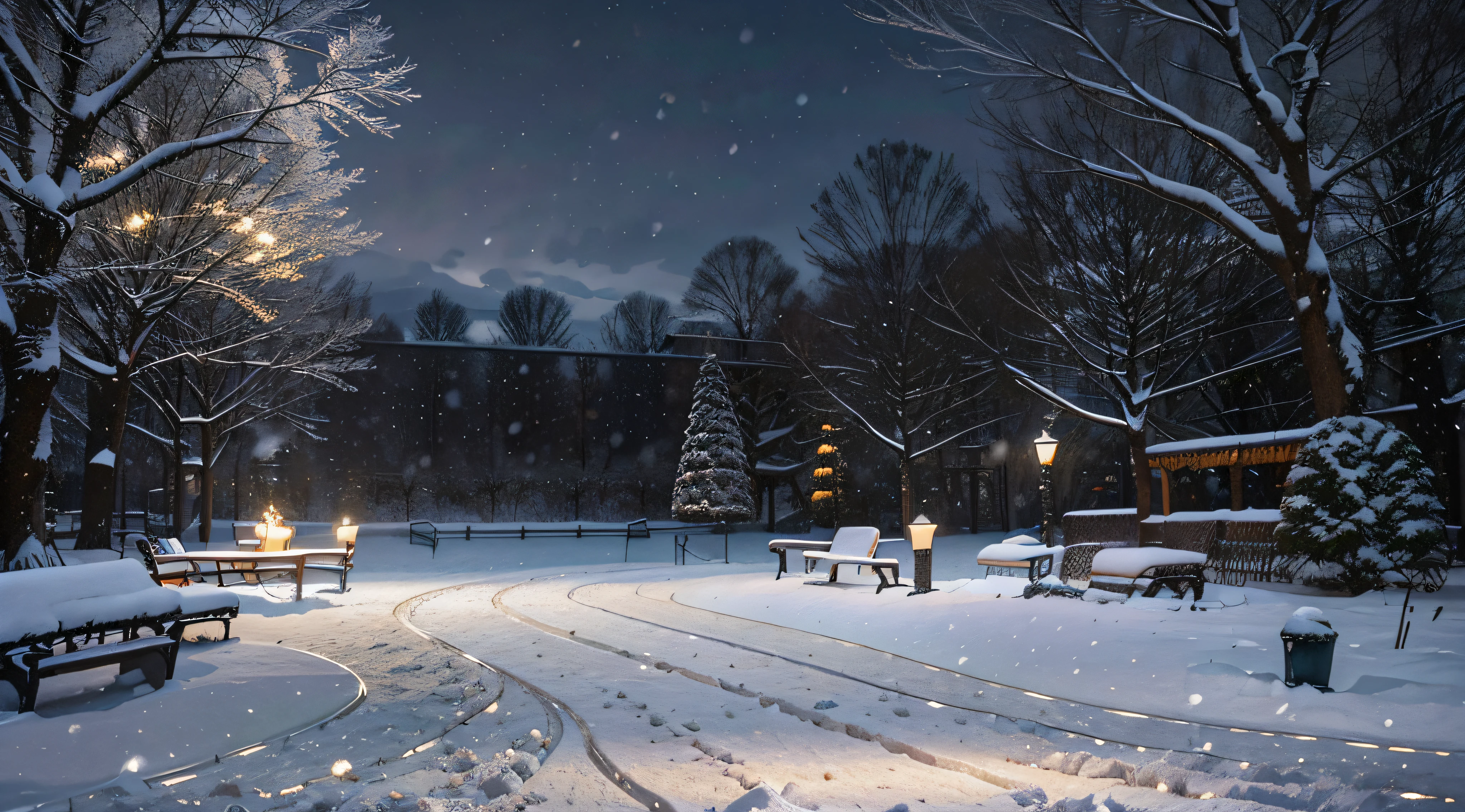 snowy path with benches and string lights in a park, snowy winter christmas night, light snowfall, cozy lights, winter setting, beautiful winter area, snowy night, snowfall at night, snowy winter scene, winter scene fantasy, winter wonderland, cosy enchanted scene, winter night, fairy lights, snowy winter, winter atmosphere, perfect lighting in a snow storm, glowing snow, cozy setting
