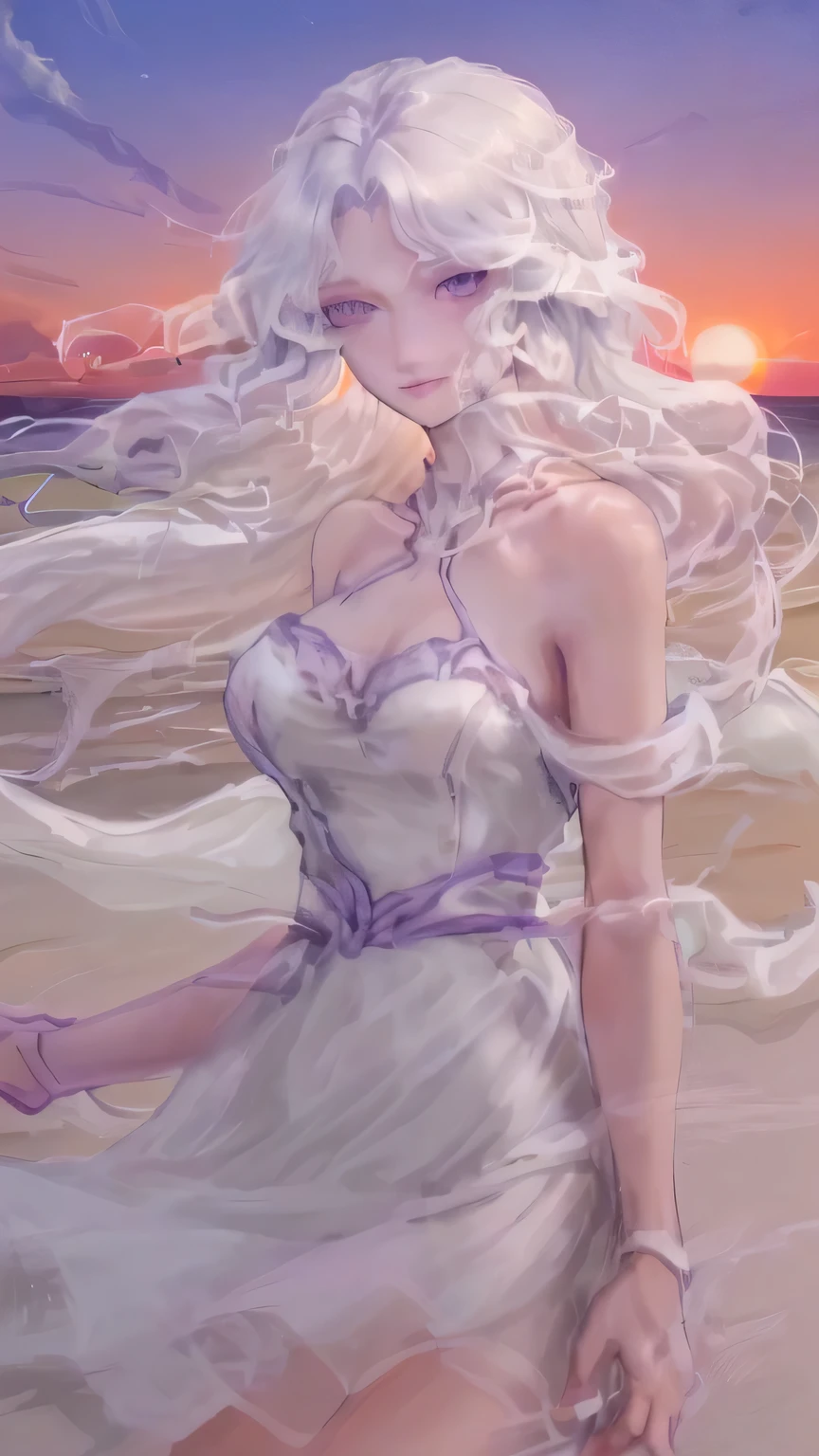 Top quality, high resolution, beauty 1 laddy, medium length hair, orange-white hair, lavender-colored eyes, beautiful face, fair skin, slight smile, away from the viewer, on the beach, sunset, beautiful sunlight illuminating, waves blowing, plain white dress, enjoying the beach atmosphere.