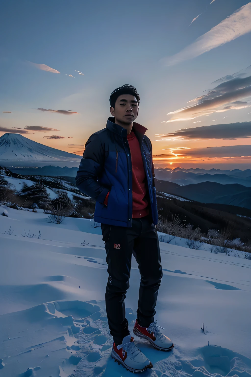 A young Indonesian man wearing blue and black winter jacket, wearing a red scraf,  black pants, red sneakers, sparkling snow, fujiyama mountain, sunset 