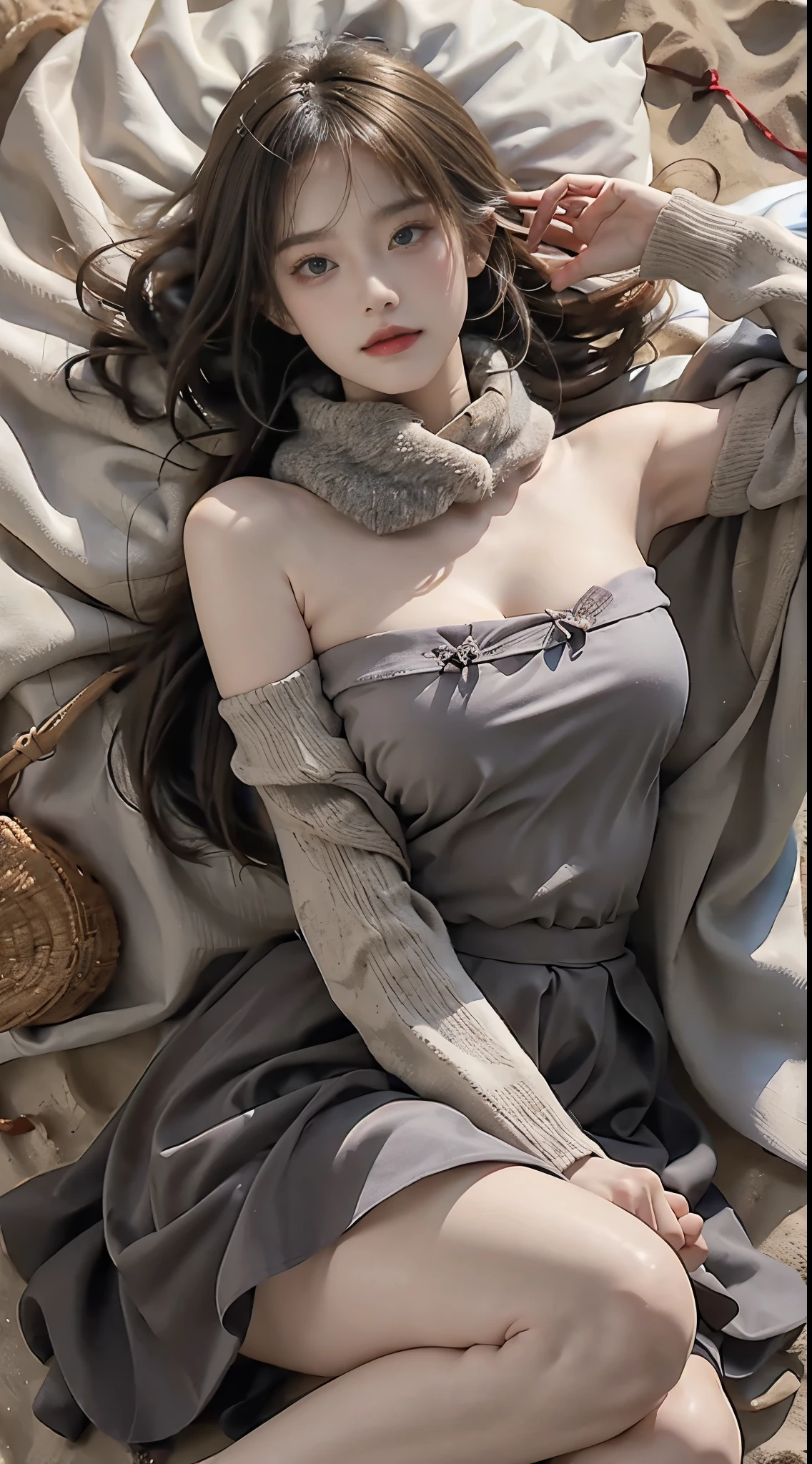 cyb skirt, long sleeves, capelet, wool ball scarf, scarf, (masterpiece, best quality:1.2), 1girl, solo, ((bare shoulders)), (actual:1.37), ((lying on a beach)), ((Bird&#39;s eye view shot)), Sweet maiden, beautiful妆容, Exquisite makeup, Extremely beautiful eyes, long hair, curls, slim body, ((big breasts, Big breasts, cleavage)), Sexy slender legs, The skirt is short, Leaking sexy legs, elegant posture, Dynamic posing, best quality, correct, correct的手, correct的腿, 解剖学correct, official art, complex, detail的脸, detail, lifelike, Very detailed, amazing, beautiful, Young and energetic, Charming model, Meticulous CG Uniform 8k wallpaper