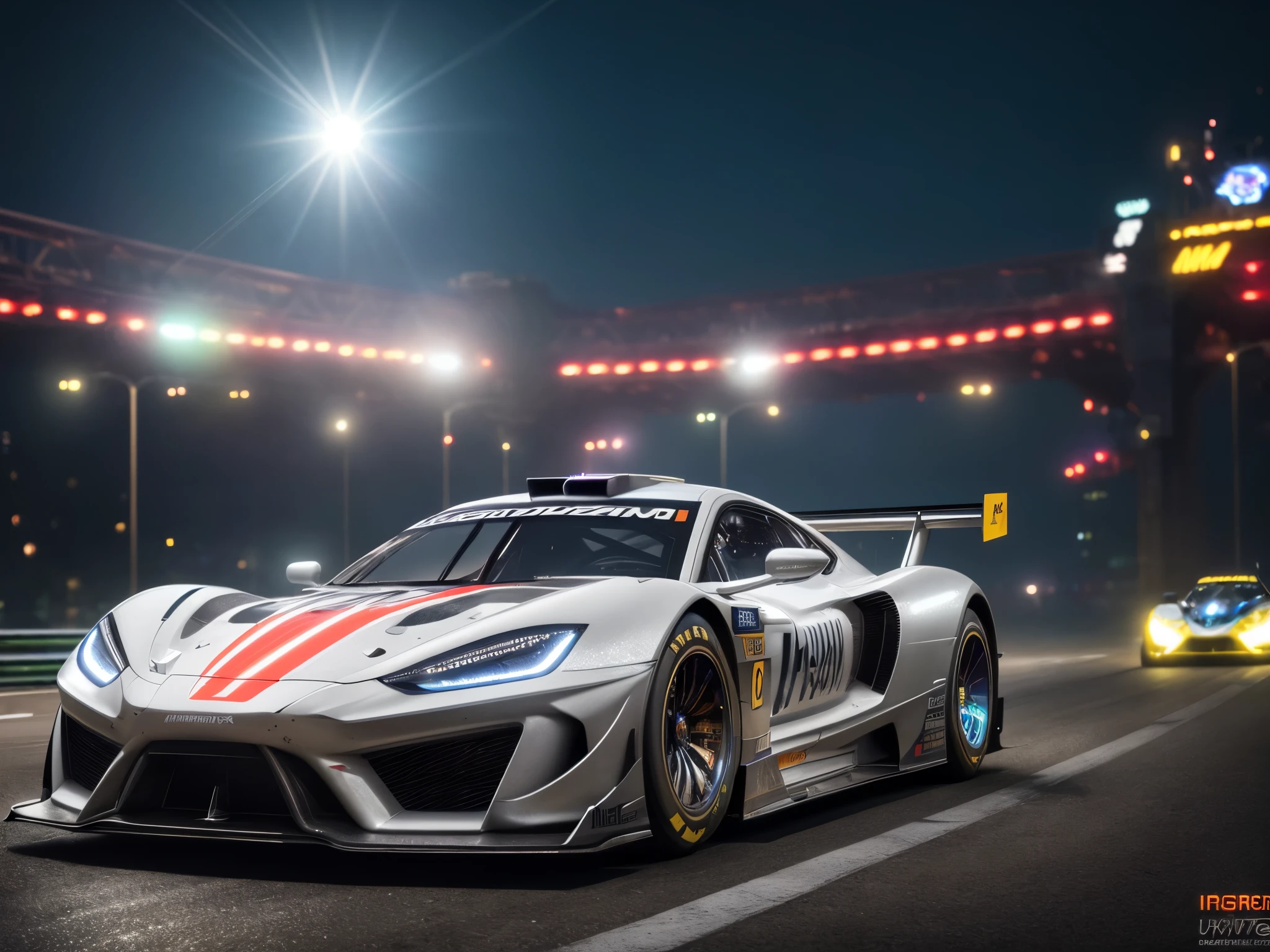 (best quality, 4k, highres, masterpiece:1.2), ultra-detailed, realistic, HDR, studio lighting, Professional, vivid colors, Physically-based rendering, extreme detail description, Bokeh, (Racing car, cyber Car), front view, cyberpunk, retro, zeekars, (with glowing rims), wide tires, parking lot, night city, cyberpunk theme, cyberpunk city , Depth of field, intricate details, volumetric lighting , (dynamic composition), highly detailed, colorful details, (iridescent colors), (glowing lighting, atmospheric lighting), (solo), lens flare, (colorful), Cinematic light, high-res, sharp focus, smooth, colorful light, particles, (white and silver colors schemes),