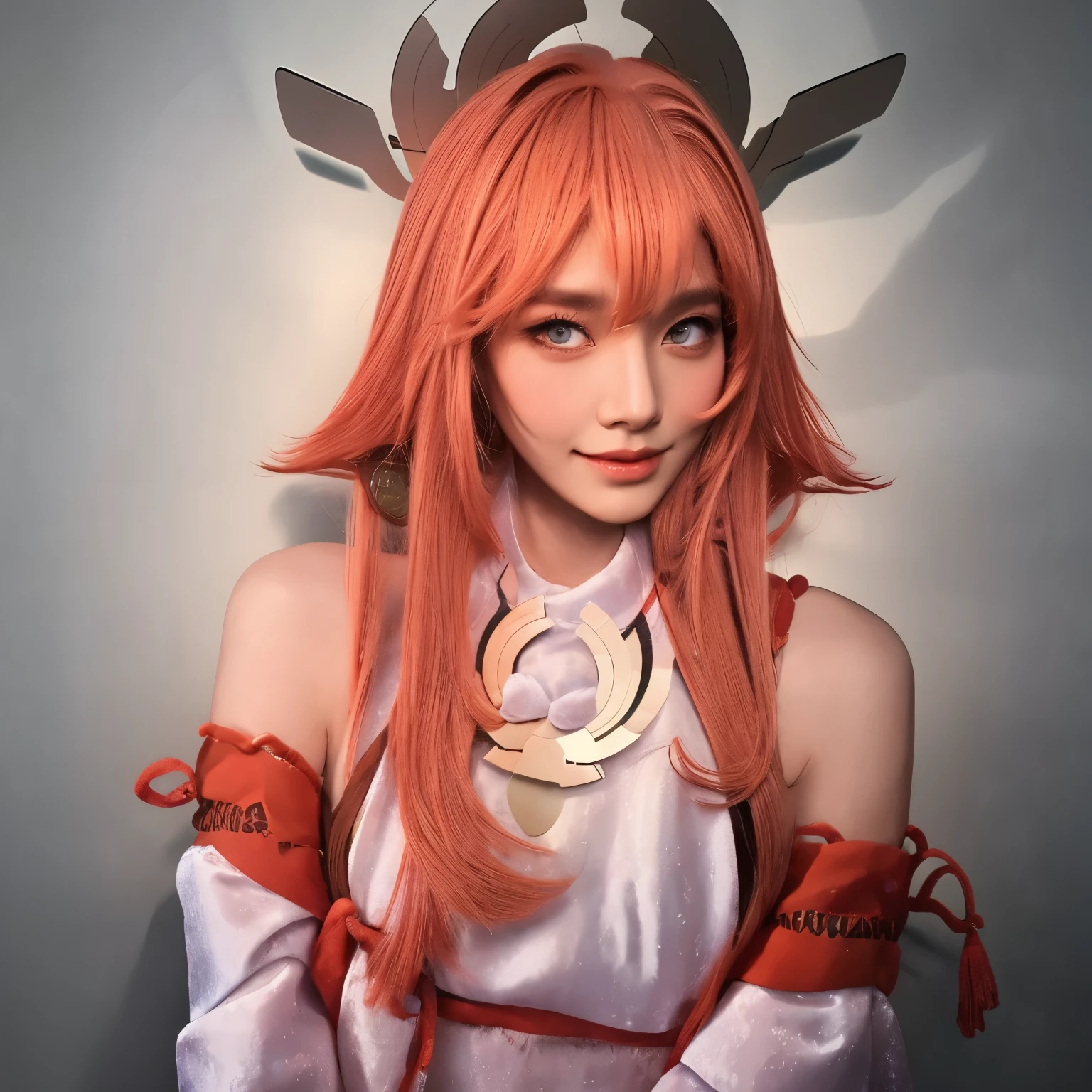 a young woman cosplaying as Yae Miko from Genshin Impact, in a Halloween night setting with Halloween decorations as the background. The image should be realistic and capture the essence of playing in Halloween. The woman's costume and makeup should be detailed and accurate to the character, with attention to the intricate design and accessories. The atmosphere should be vibrant and festive, with a mix of spooky and playful elements. The lighting should enhance the mood, creating shadows and highlights to add depth and drama to the scene. The colors should be rich and vivid, with a warm color palette dominated by oranges, purples, and blacks. The woman's eyes should be emphasized, with detailed, mesmerizing eyes that convey a hint of mystery and enchantment. She should have beautiful, detailed lips that complement her overall appearance. The image should be of the highest quality, with ultra-detailed rendering, sharp focus, and physically-based rendering techniques to bring out every intricate detail.