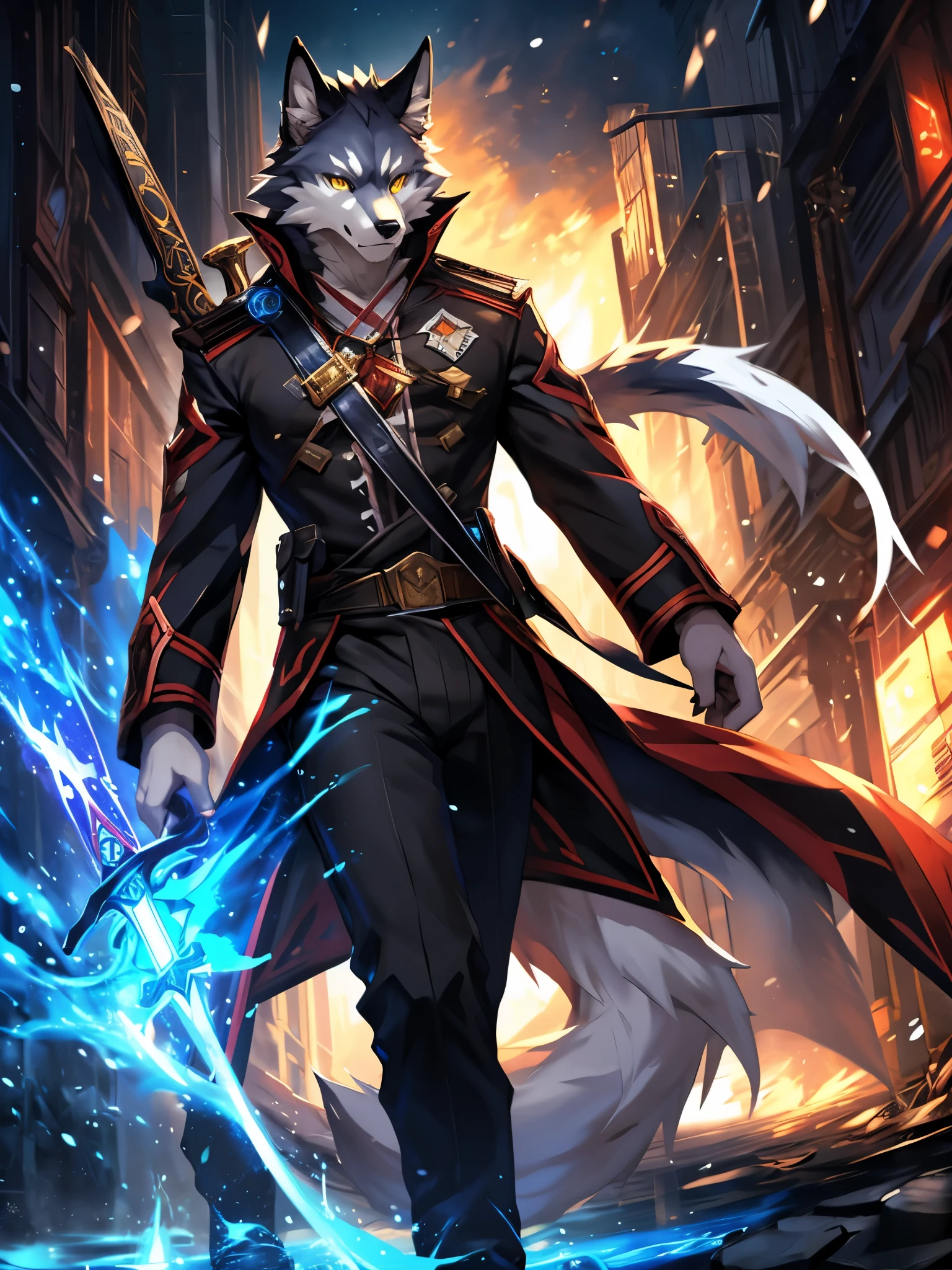 (posted on e621 by Chunie art style) furry, male, wolf anthro, (wolf Tail), Solo, yellow eyes, (Realistic eye details:1.2), (beautiful detailed eyes), anime characters are fighting with swords in a dark room, from males frontline, fine details, males frontline style, from arknights, characters from azur lane, from the azur lane videogame, males frontline universe, guilty gear strive splash art, splash art, best anime 4k wallpaper, digital anime art, slim body, full body like, in a panoramic view, good looking eyes