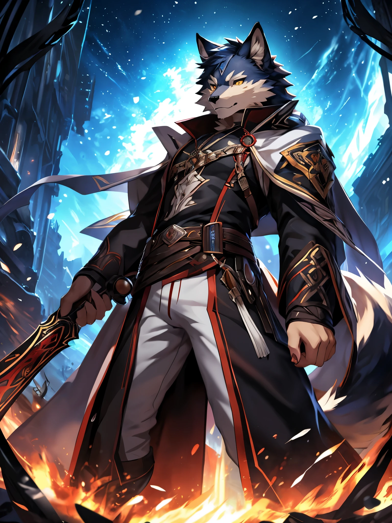 (posted on e621 by Chunie art style) furry, male, wolf anthro, (wolf Tail), Solo, yellow eyes, (Realistic eye details:1.2), (beautiful detailed eyes), anime characters are fighting with swords in a dark room, from males frontline, fine details, males frontline style, from arknights, characters from azur lane, from the azur lane videogame, males frontline universe, guilty gear strive splash art, splash art, best anime 4k wallpaper, digital anime art, slim body, full body like, in a panoramic view, good looking eyes