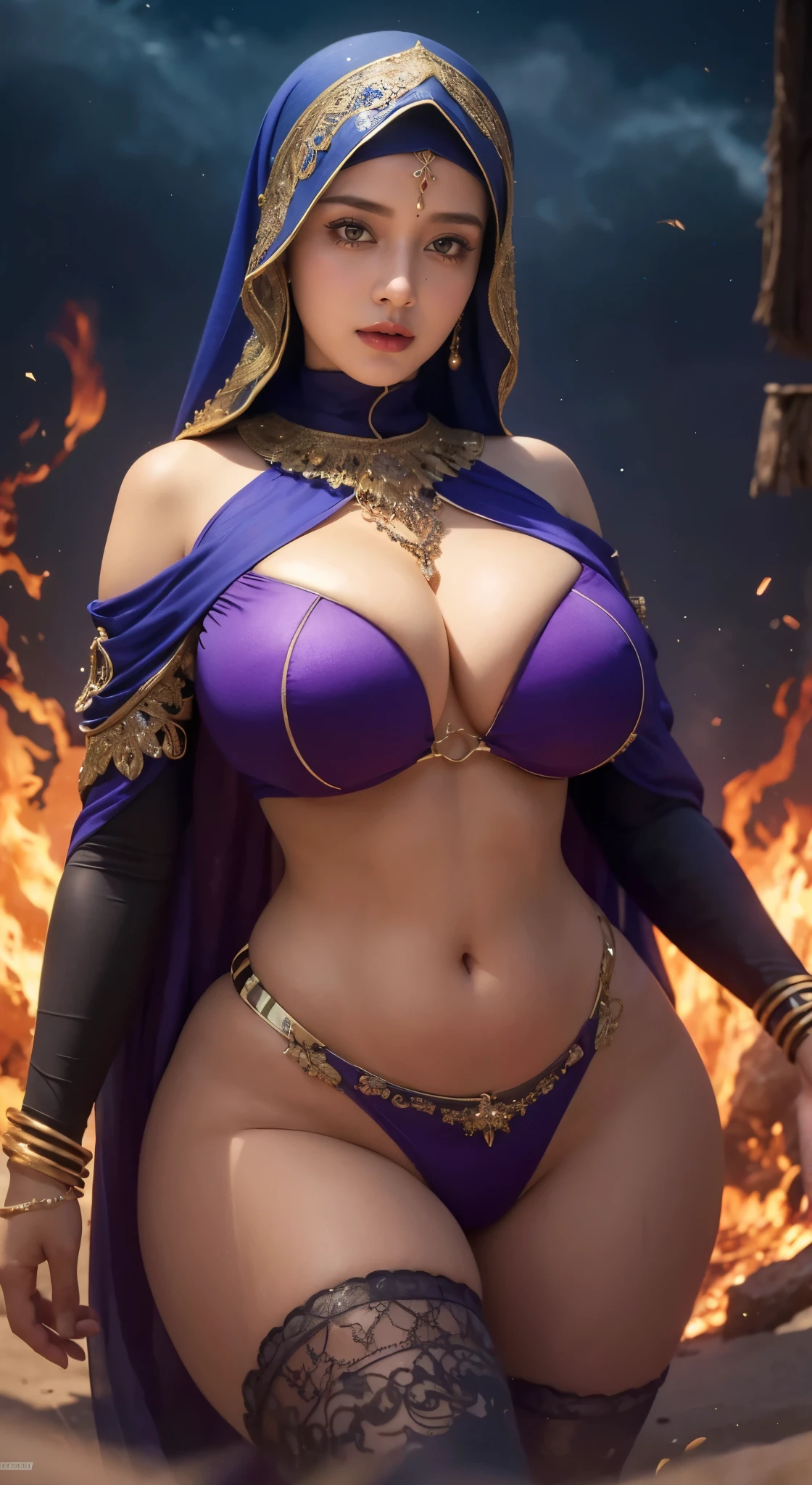 Hijab girl, create Eden Mor in Full body photography of the most beautiful artwork in the world, a beautiful voluptuous thick curvy busty woman in intricate costume burning in the desert, rainbow colors, ArtStation, CGSociety, complex, high detail, clear focus, dramatic, realistic pictorial art trends Greg Rutkovsky  ,wearing hijab