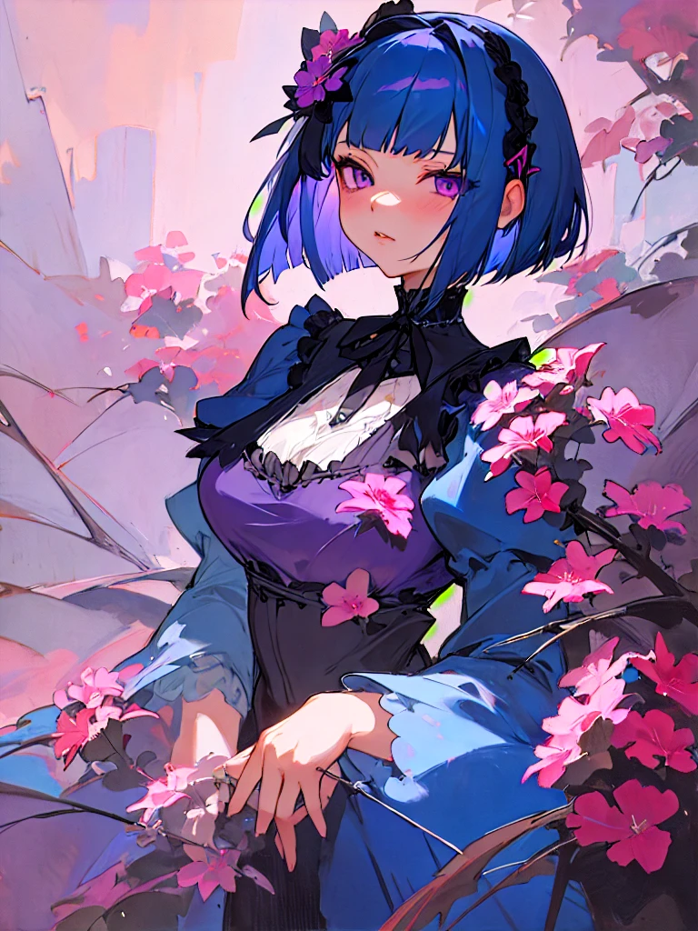 purple eyes,big tits,girl,blue hair,blue clothes,gothic lolita,bob cut,high-quality,full-length portrait or painting,Pink geranium flower hair ornament