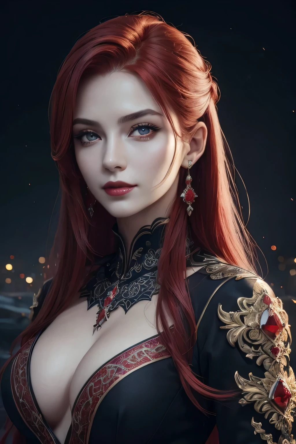 portrait shot, ((vivid red hair)), mature woman, 30 years old, diamond face, moonlight, red starry sky background, depth of field, magic, big red lips, ((dark black eyes)) (Detailed beautiful eyes) red long and full dress, covered chest, mystical atmosphere, ominous shadows, Intense blue aura, Intense red aura (best quality:1.2), absurdres, intricate details, (highly detailed skin:1.2), smile expression, posing, taut and well defined body, attractive. Highly realistic, pale skin, beautiful, hyperrealism, skin very elaborated, direct gaze AB JLEE3, Complex facial details for all characters, Expressive eyes and nose and mouth, unzoom, author：Jim Lee Right Section Centered, Key, Visual, Complex, Highly Detailed, Breathtaking, Precise Line Art, Vibrant Panorama Film
