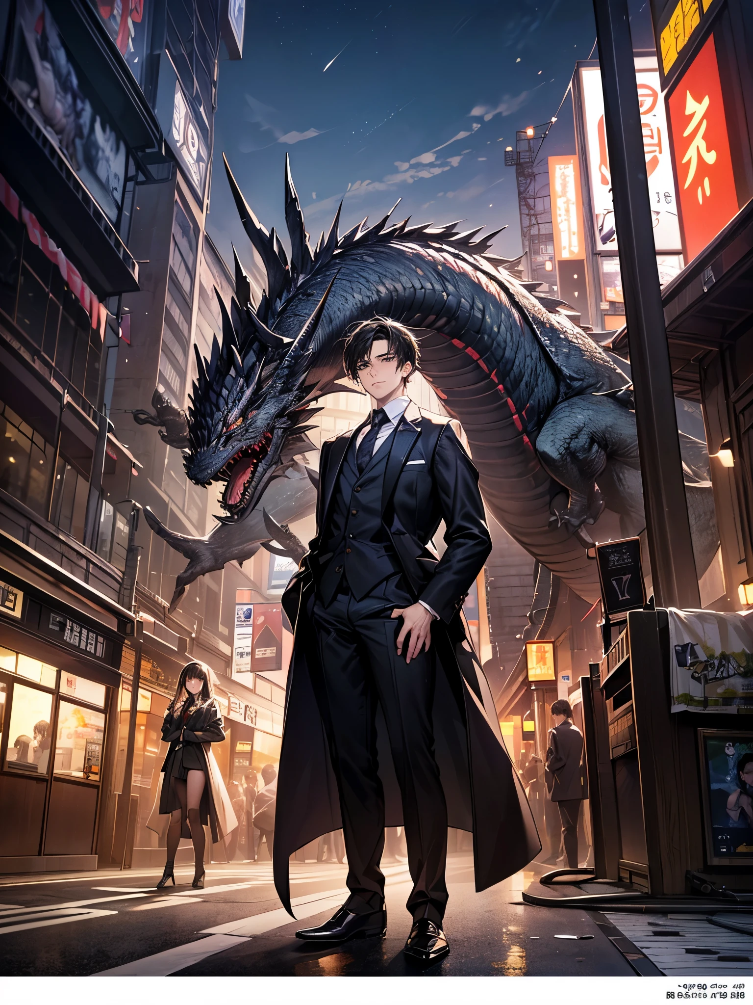 ((perfect anatomy:1.2,realistic,:1.3,RAW Photography:1.3,masterpiece、highest quality、Ultra - High resolution、High resolution、Highly detailed CG、8K)),from front,(1 Japan Male、25 years old、Black formal suit、detailed face and eyes,black eye,black short hair,bangs,toned body shape、cold look)、ride a dragon、stand on the dragon&#39;s head、Obey the Dragon、collapsed building、Shibuya Station、Shibuya Ward、Tokyo、at night、neon、