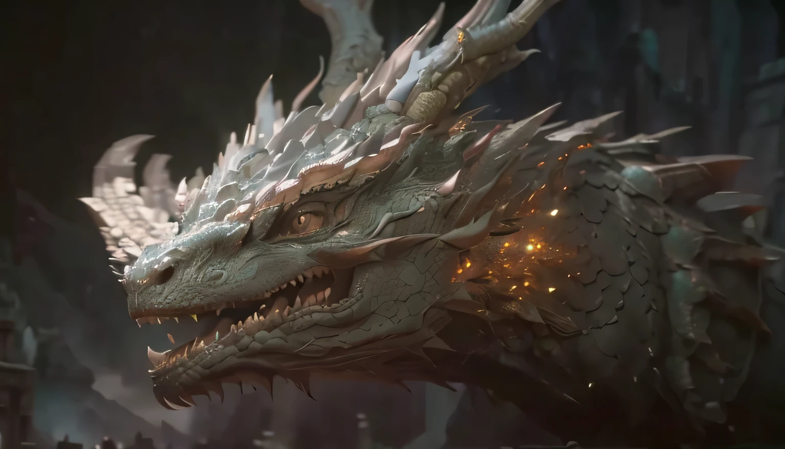 (closer, look at the camera) beautiful monster dragon head, ancient castle, cinematic lighting, unreal engine, trending on ArtStation, intricate details, masterpiece, best quality, by Irakli Nadar, Greg Rutkowski，(((best quality))),(((ultra detailed))),(((masterpiece)))