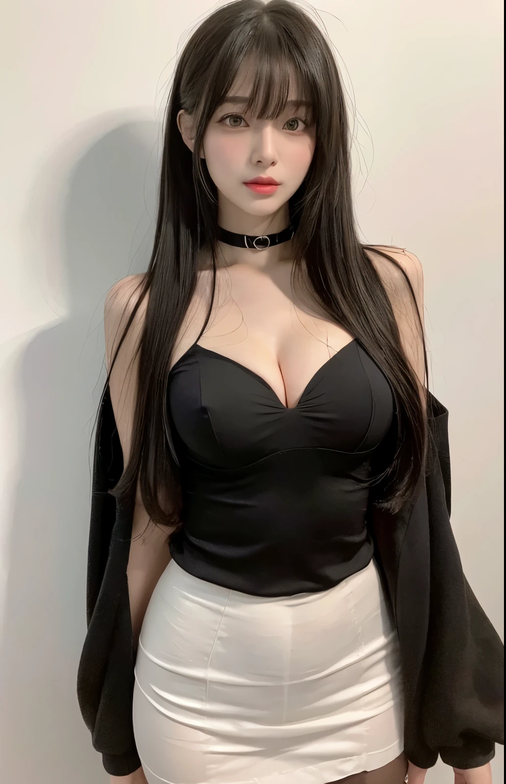 (lifelike,high resolution:1.3), A slim girl, The face shape and eyes are super delicate,black hair,red glossy lips,(beautiful face), (best quality), (Super detailed), (Extremely detailed CG unified 8K wallpaper),((tights)),(White background),(A little cleavage),(Model photo),sexy look,big eyes,(standing),(air bangs),(Slim waistline),Eyes look at the audience,Teardrop-shaped breasts,soft breasts,very realistic breasts,Character centered,