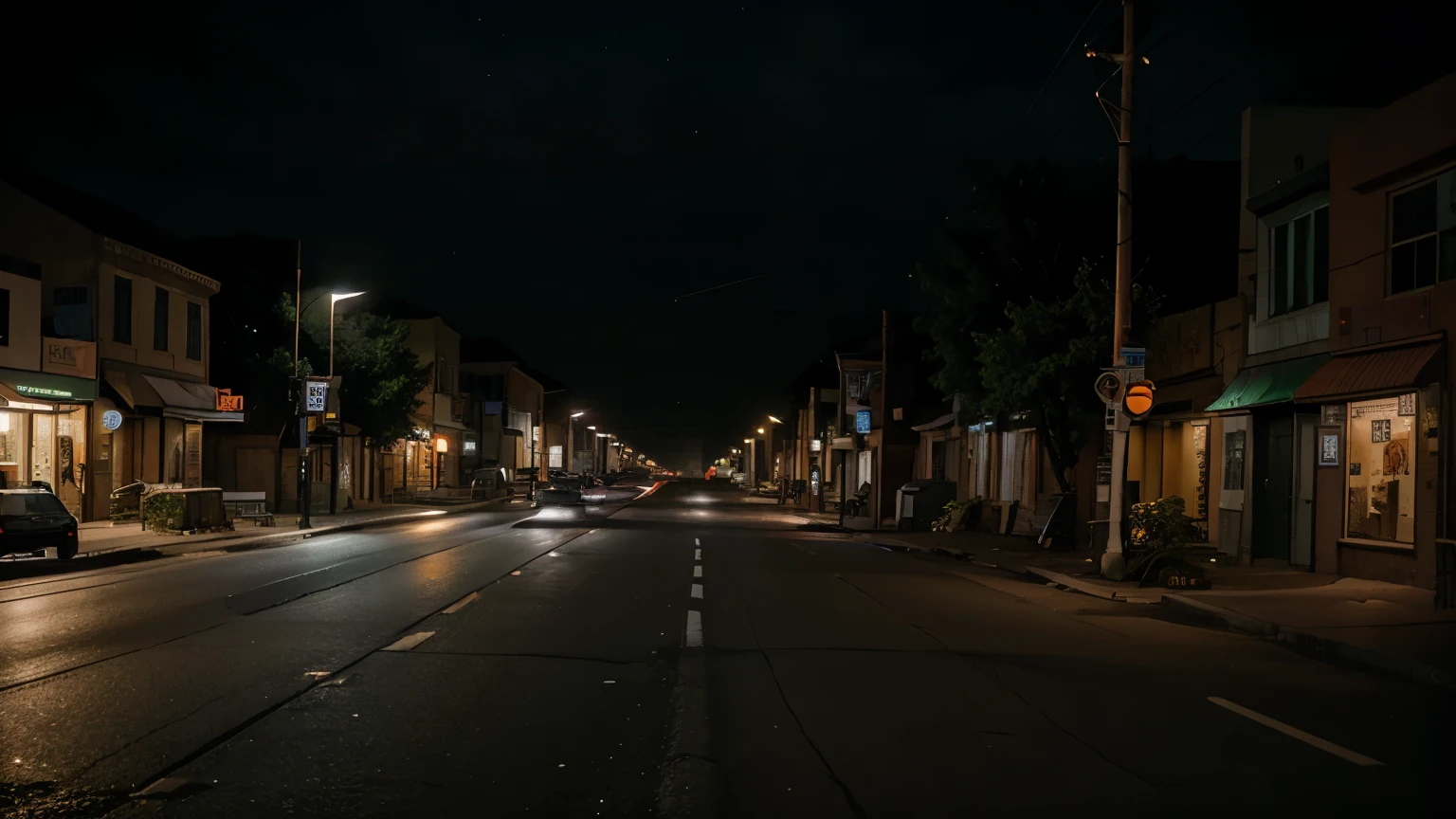 The quiet night enveloped the small town. Dim streetlights illuminated the deserted streets, with only a few vehicles passing by on the highway.