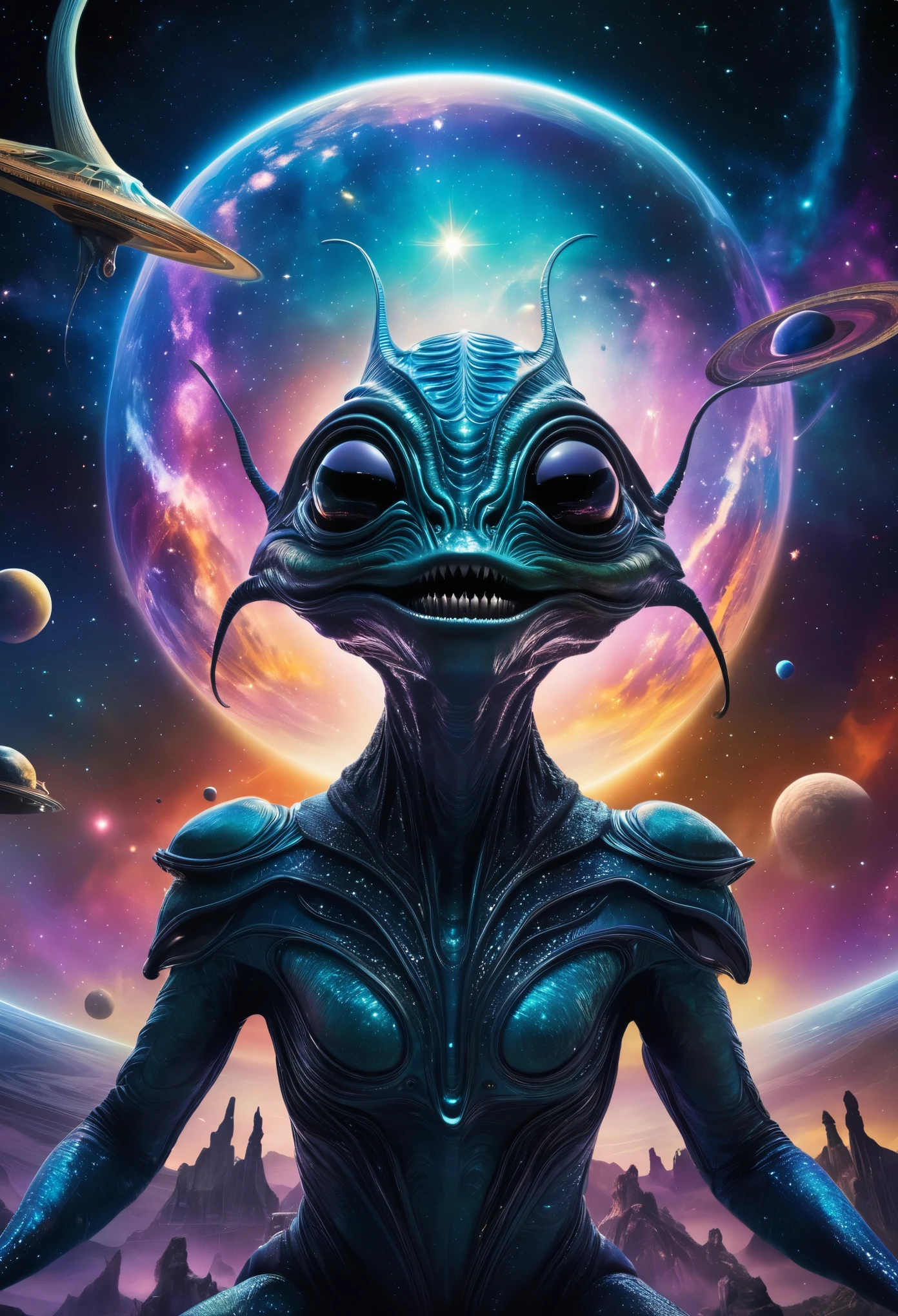 A cosmic theater filled with bizarre, intricate alien creatures performing an otherworldly opera under a sky ablaze with swirling galaxies.