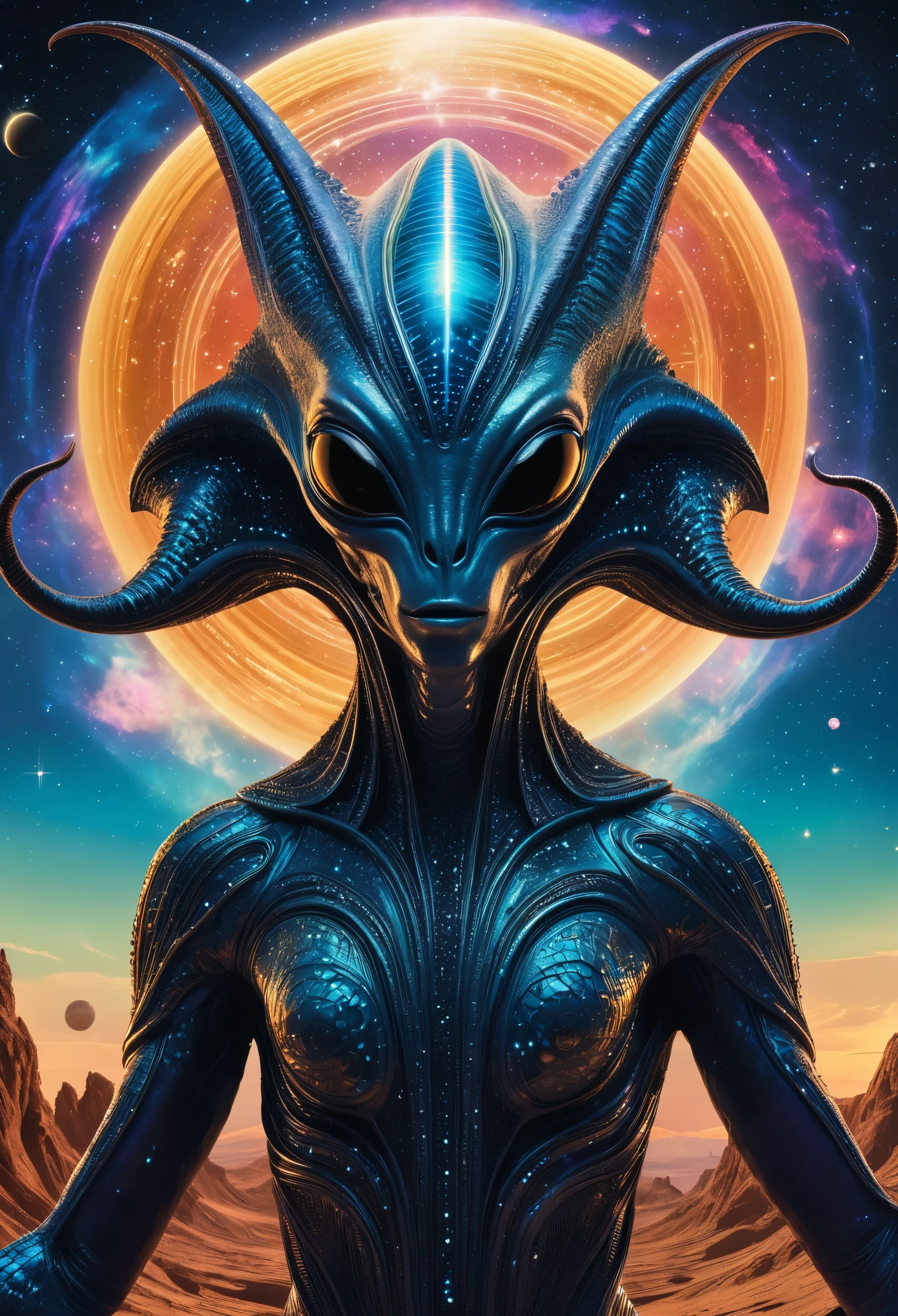 A cosmic theater filled with bizarre, intricate alien creatures performing an otherworldly opera under a sky ablaze with swirling galaxies.