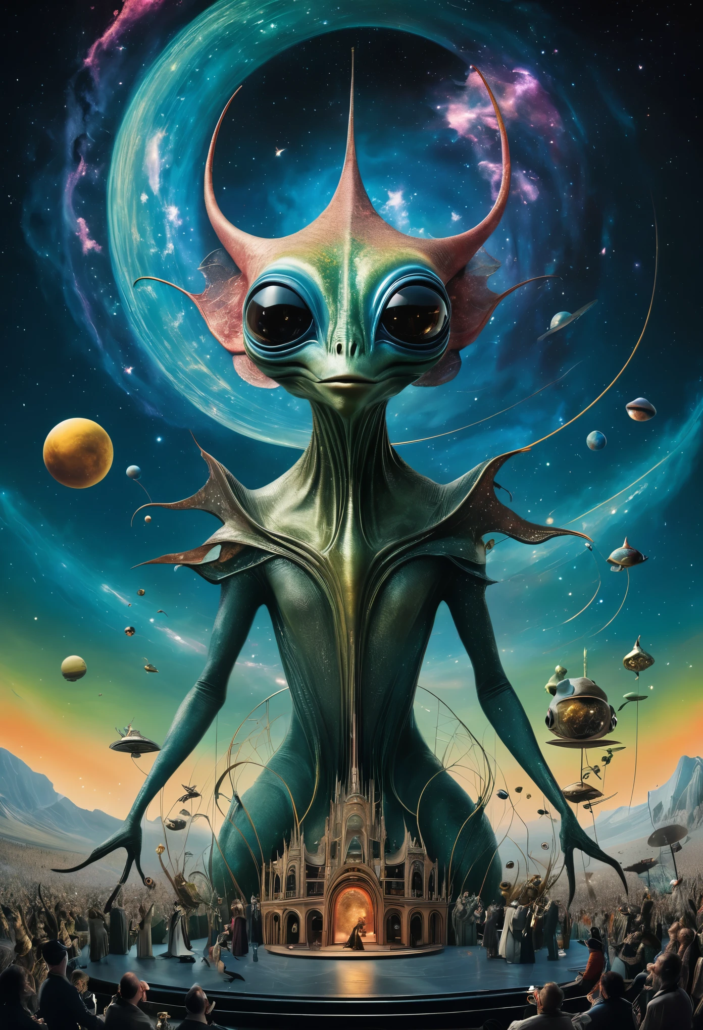 A cosmic theater filled with bizarre, intricate alien creatures performing an otherworldly opera under a sky ablaze with swirling galaxies style of Hieronymus Bosch.