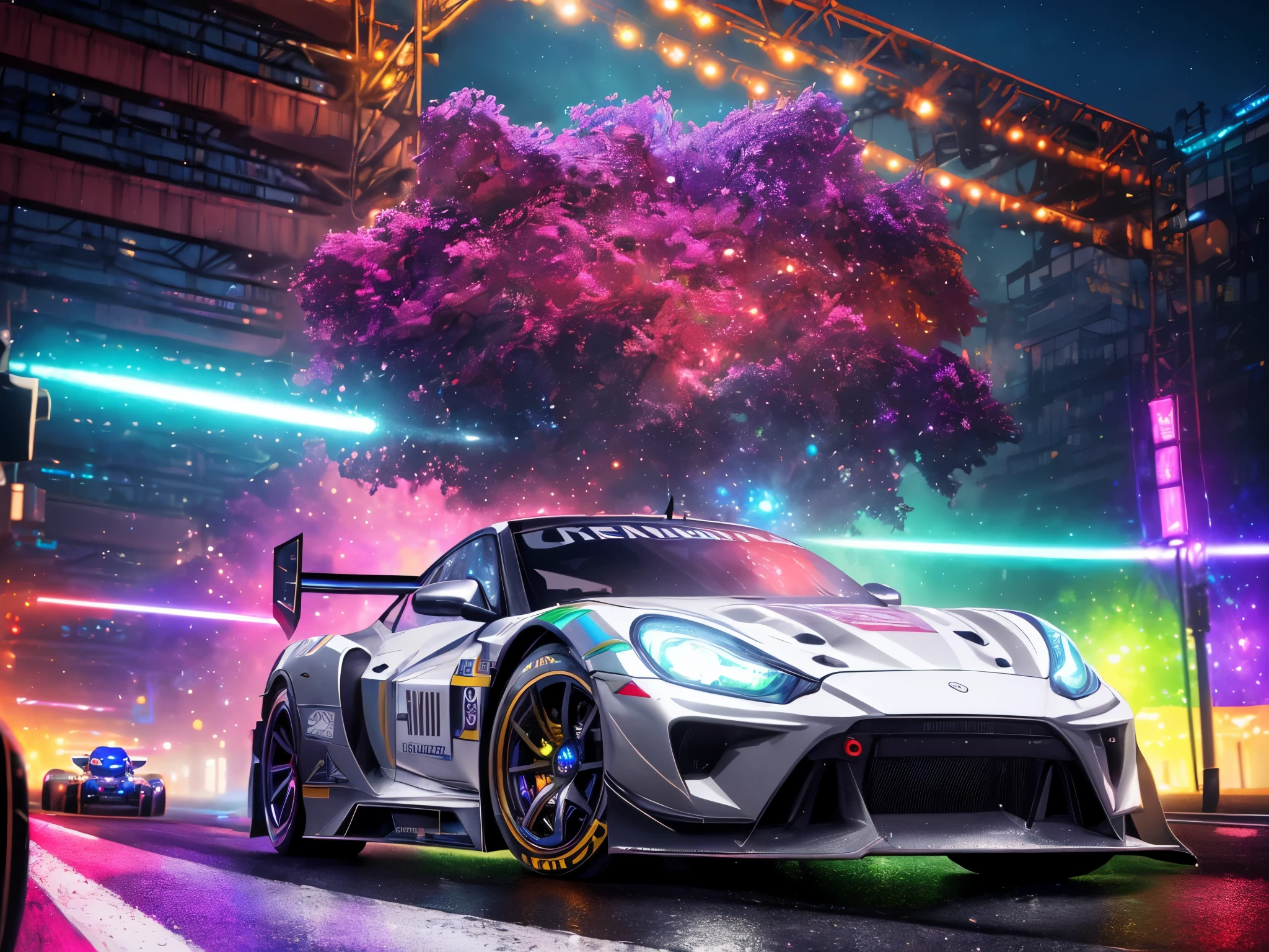 (best quality, 4k, highres, masterpiece:1.2), ultra-detailed, realistic, HDR, studio lighting, Professional, vivid colors, Physically-based rendering, extreme detail description, Bokeh, (Racing car, cyber Car), front view, cyberpunk, retro, zeekars, (with glowing rims), wide tires, parking lot, night city, cyberpunk theme, cyberpunk city , Depth of field, intricate details, volumetric lighting , (dynamic composition), highly detailed, colorful details, (iridescent colors), (glowing lighting, atmospheric lighting), (solo), lens flare, (colorful), Cinematic light, high-res, sharp focus, smooth, colorful light, particles, (white and silver colors schemes),
