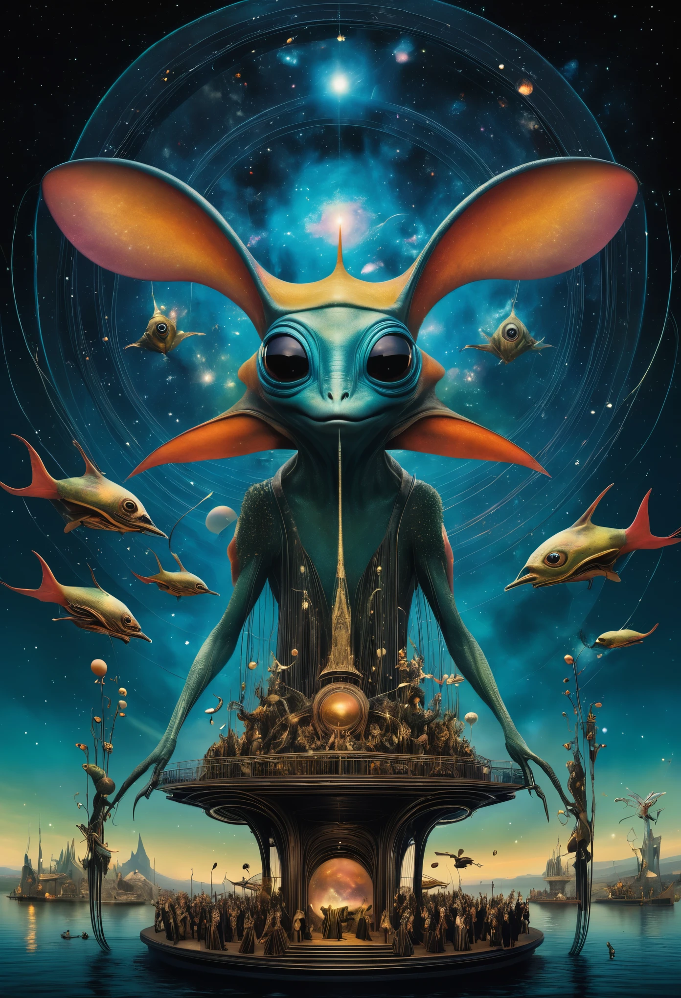 A cosmic theater filled with bizarre, intricate alien creatures performing an otherworldly opera under a sky ablaze with swirling galaxies style of Hieronymus Bosch.