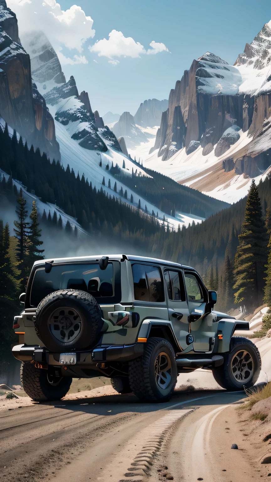 arafed jeep parked on a road in front of a mountain, jeep in background, off-roading, off - road, jeep wrangler, jeep, instagram photo, vehicle photography, traveling through the mountains, front on, instagram post, single file, desktop background, looking majestic in forest, forest in the background, pristine and clean, in the mountains