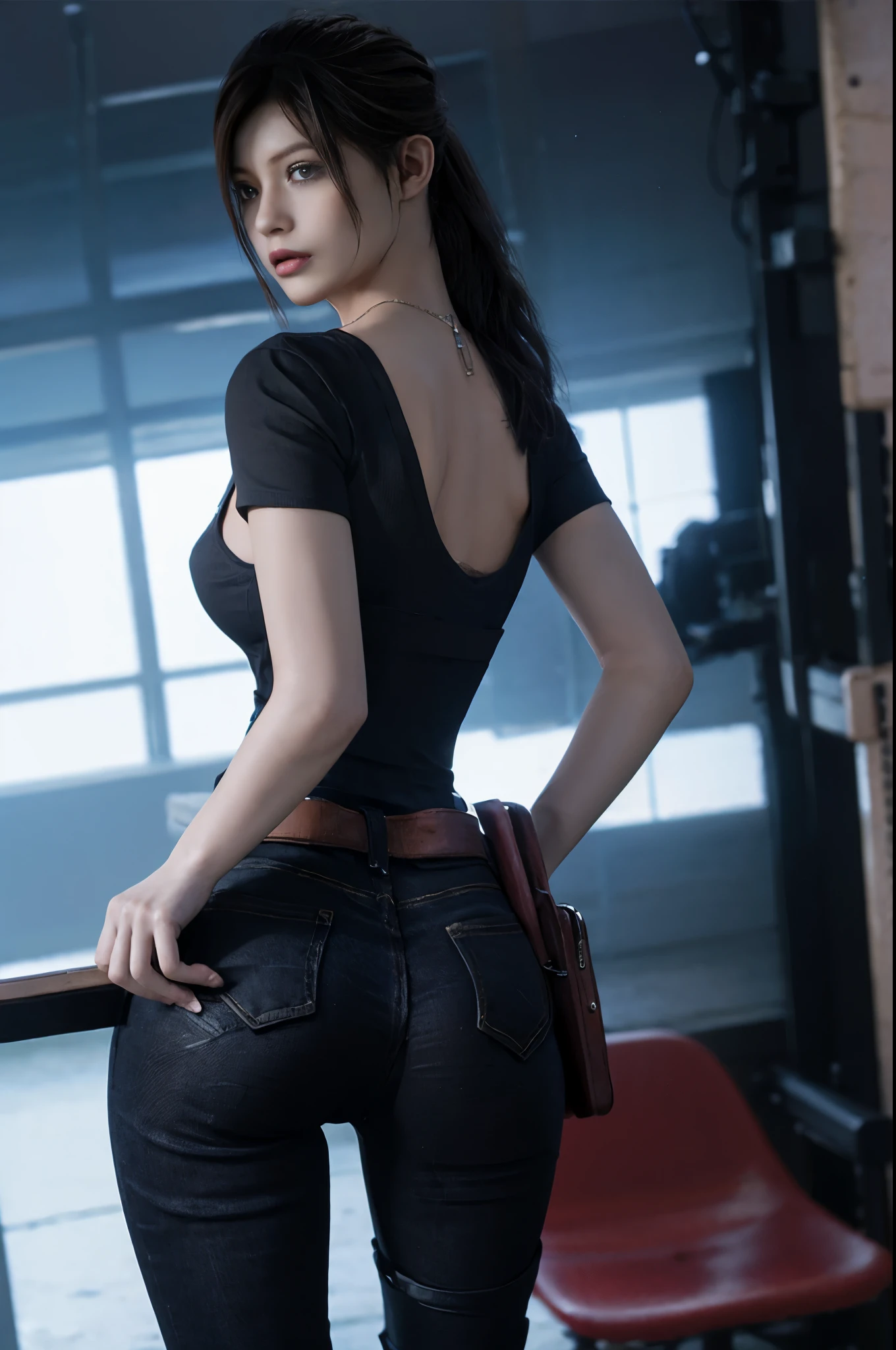 Claire Redfield, walking, wear jeans, back, open the leg， ass ， black camisole