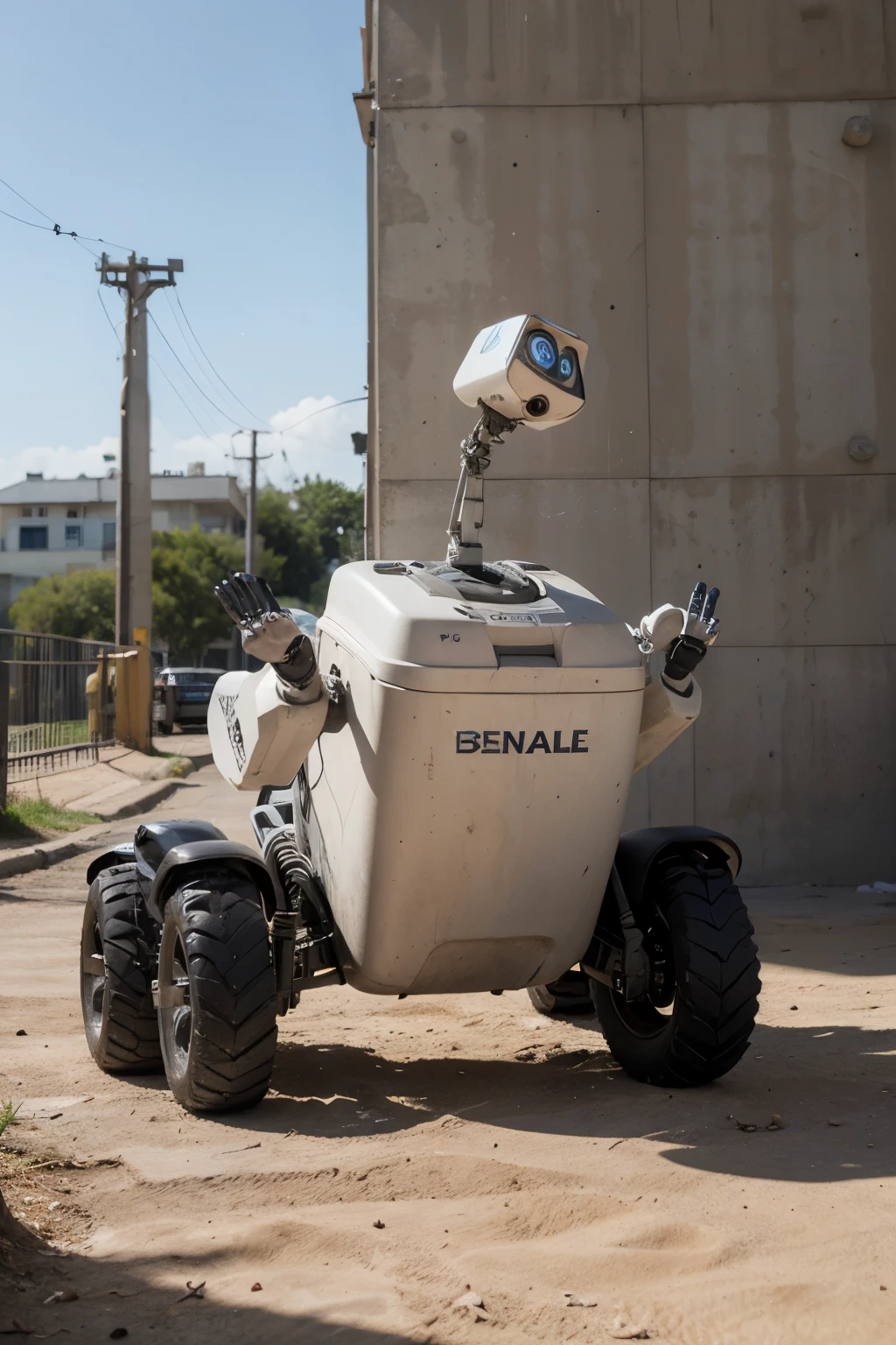 un robot recolector de basura que vuelve la basura en un cubo, Its characteristics are: se mueve por ruedas, has robotic claws to grab trash, energy source is solar panels, se activa por sensores de sonido y es todo terreno, adaptable a cualquier ecosistema. (no es humanoide) tiene aspecto amigable (inspirado en Wall-E)