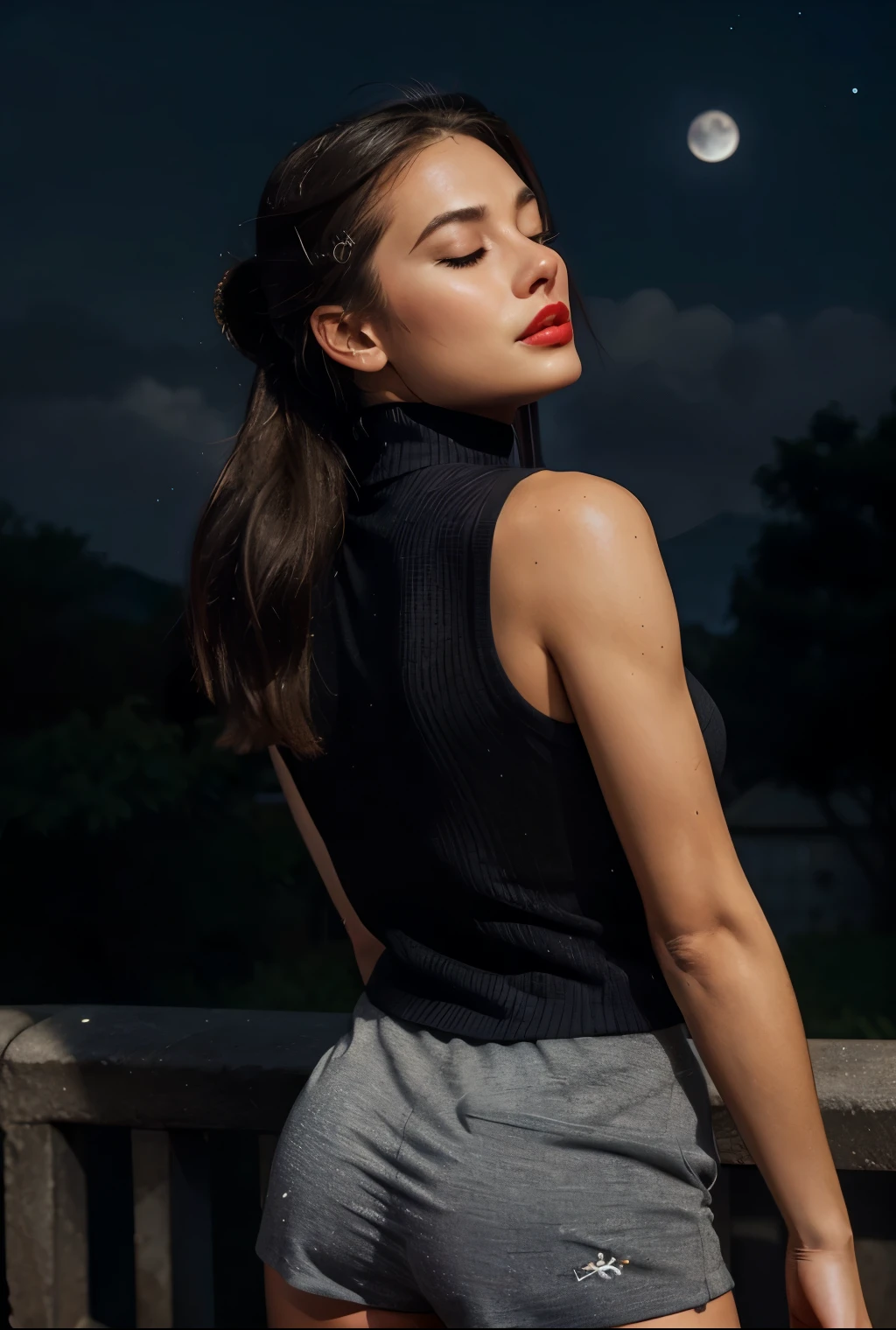 hot woman, sleeveless turtleneck shirt and elastic shorts, red lips, seductive, closed eyes, orgasm, nigth, moon ligth, stars, cloud, galaxy, from behind, fingers --style realistic-imagine -