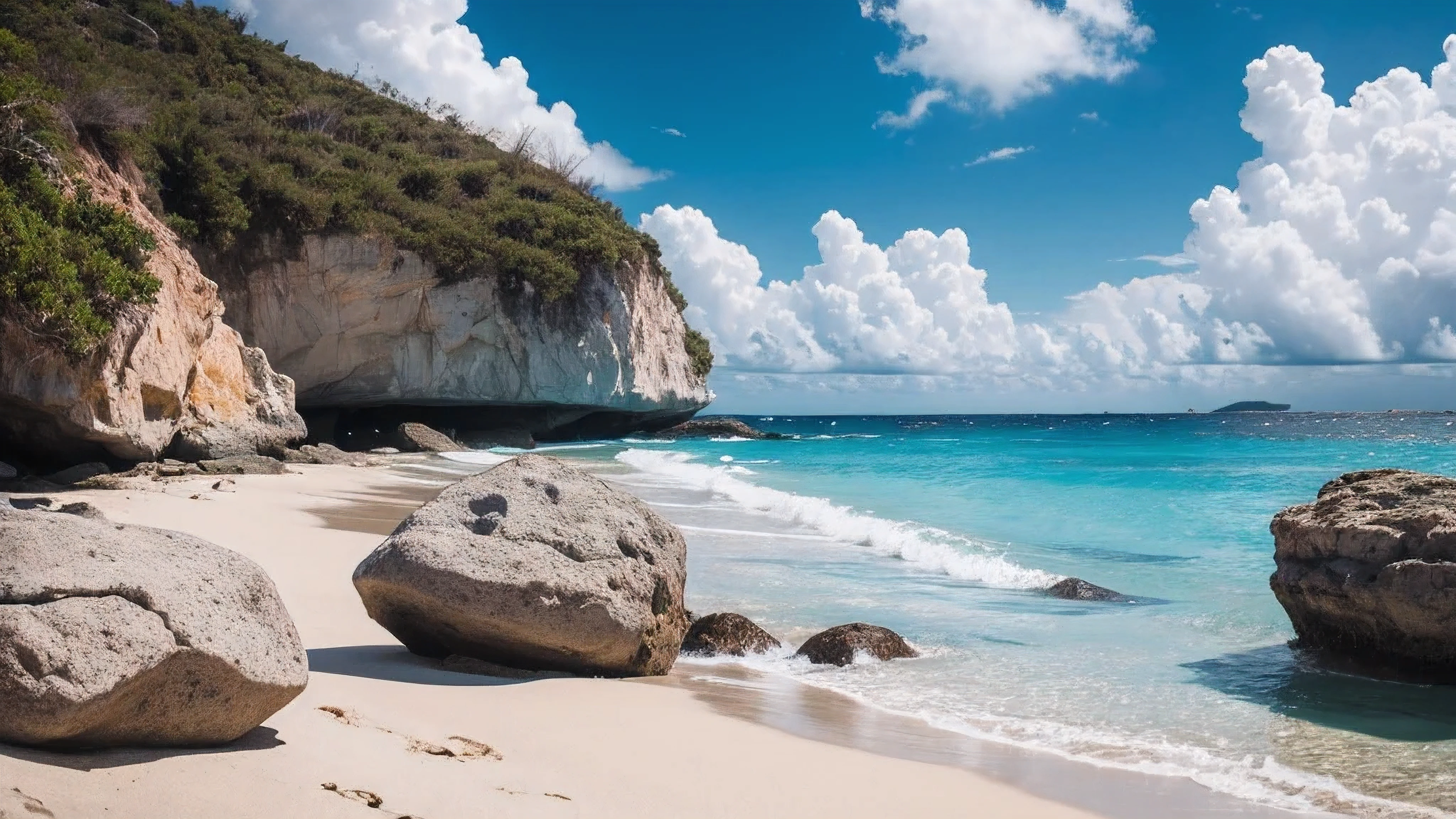 Caribbean beach landscape with rocks., hiperrealista, obra maestra, small details, fotorrealista, Foto ultrarrealista, 8k hd, digital slr camera, soft lighting, alta calidad, film grain, Fujifilm XT3
